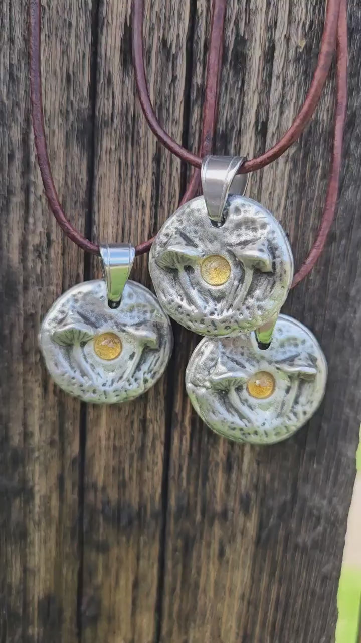 Pewter Mushroom Necklace/ Citrine Stone/ Pewter Cast Jewelry/ Mushroom and Crystal Pendant/ Adjustable Leather Cord/ By Elven Soul