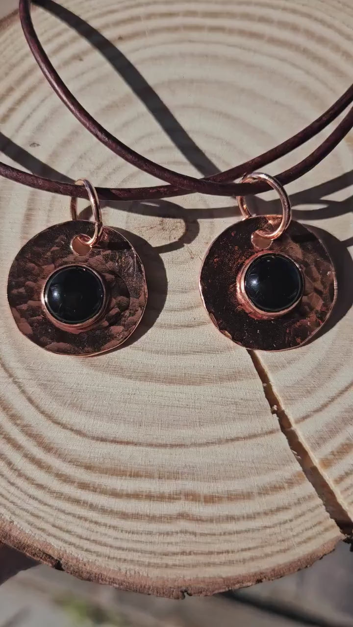 Copper and Black Agate Necklace/ Leather Cord/ Hammered Copper Pendant/ Copper Disc/  Handmade Jewelry/ by Elven Soul
