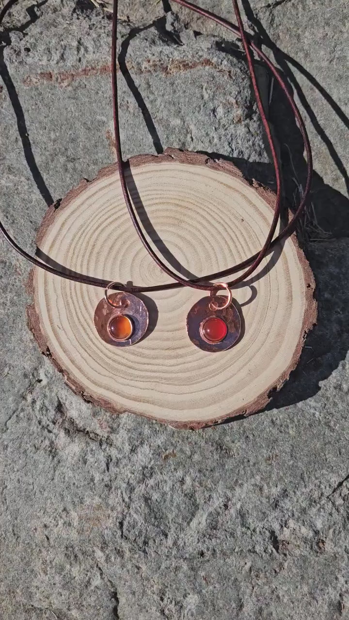 Copper and Red Agate Necklace/ Leather Cord/ Hammered Copper Pendant/ Handmade Jewelry/ by Elven Soul