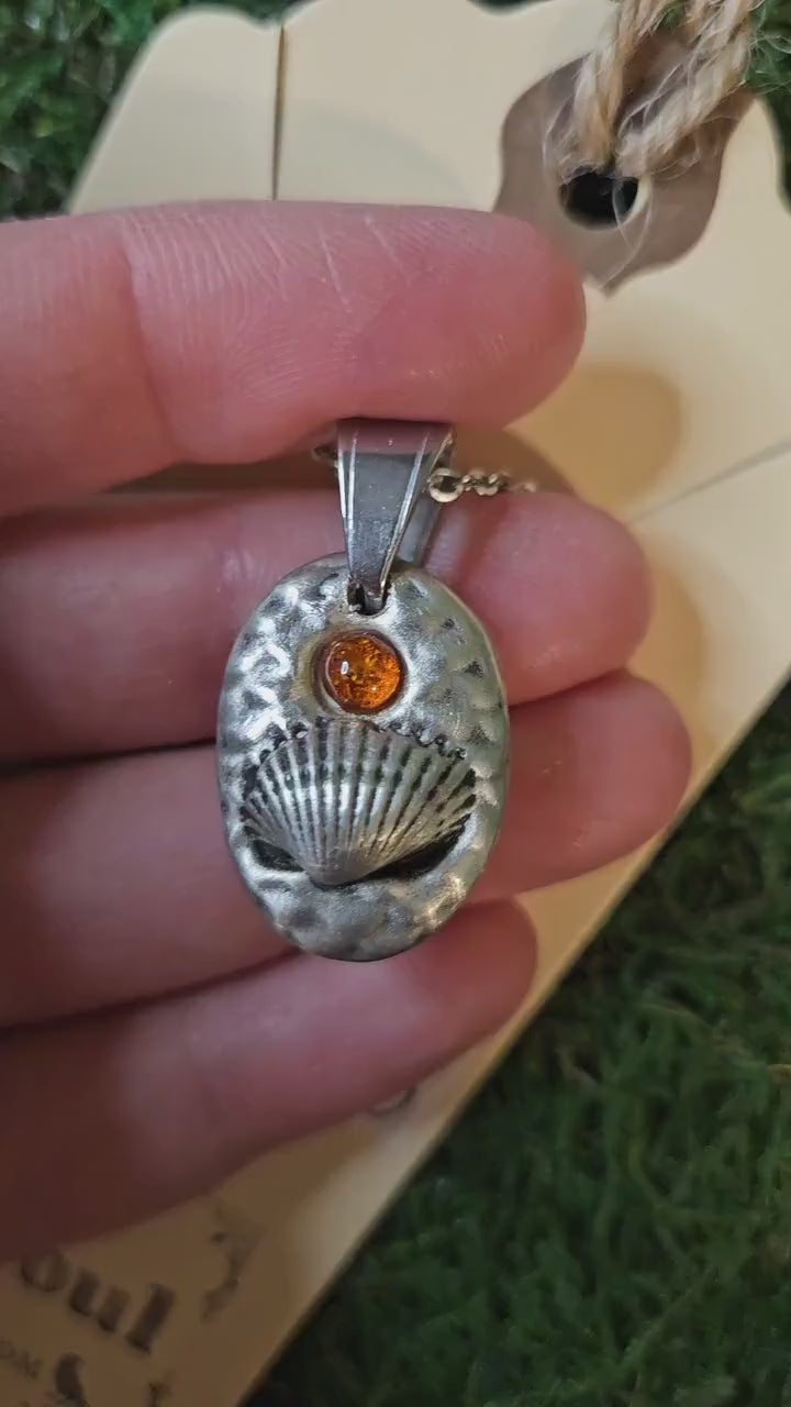 Pewter Seashell Necklace/ Baltic Amber/ Beach Pendant/ Mermaid Scales/Pewter Cast Jewelry/ Stainless Steel Chain/ By Elven Soul