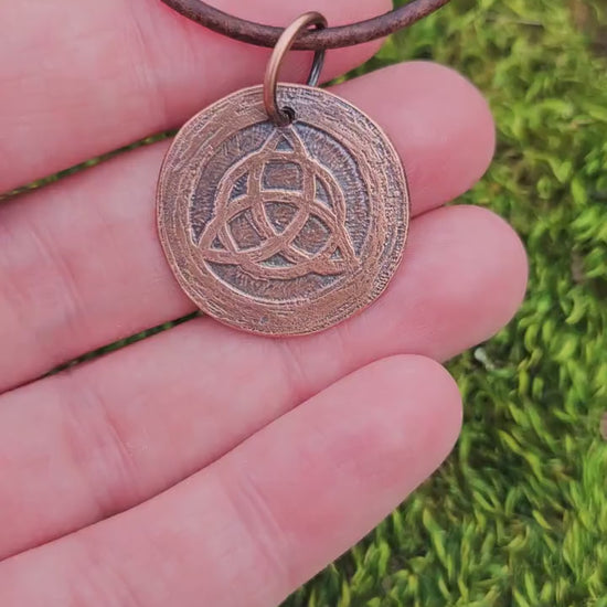 Triquetra Copper Etched Pendant/ Trinity Knot Necklace/ Leather Cord/ Celtic Jewelry/ Rustic Copper Jewelry/ Elven Soul