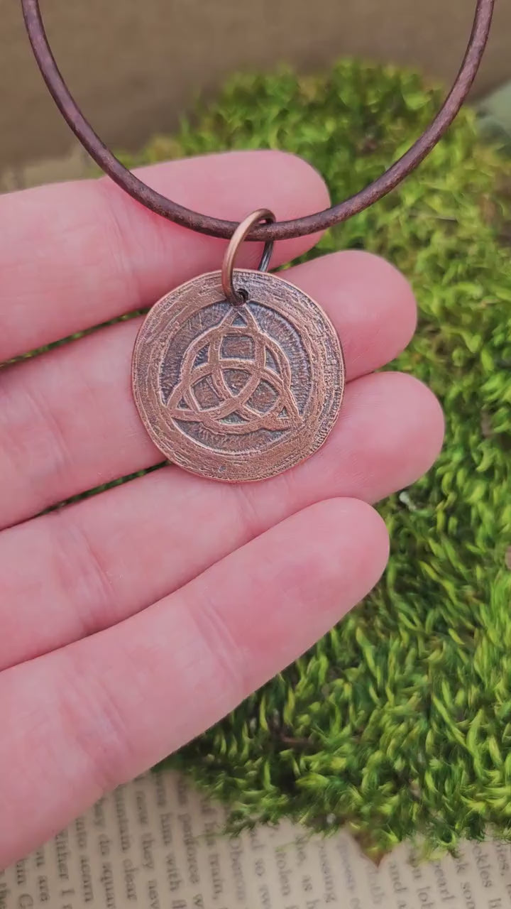 Triquetra Copper Etched Pendant/ Trinity Knot Necklace/ Leather Cord/ Celtic Jewelry/ Rustic Copper Jewelry/ Elven Soul