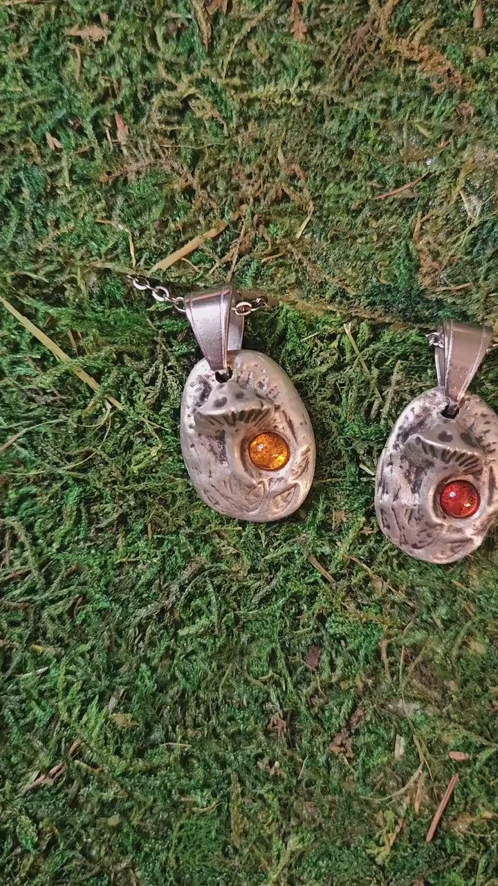 Pewter Mushroom Necklace/ Amber Stone/ Pewter Cast Jewelry/ Shroom/ Magic Mushroom Pendant/ Stainless Steel Chain/ By Elven Soul