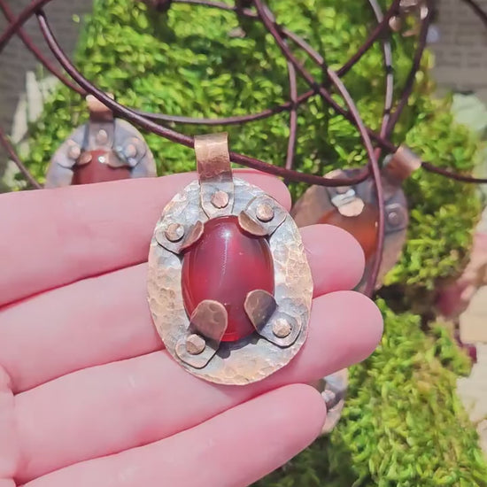 Copper and Carnelian Amulet/ Leather Cord/ Hammered Copper Necklace/ Carnelian Crystal Pendant/ Copper Rivets/ Elven Soul Jewelry