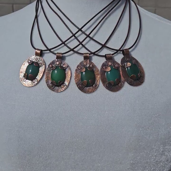 Copper and Green Agate Amulet/ Leather Cord/ Hammered Copper Necklace/ Crystal Pendant/ Copper Rivets/ Elven Soul Jewelry