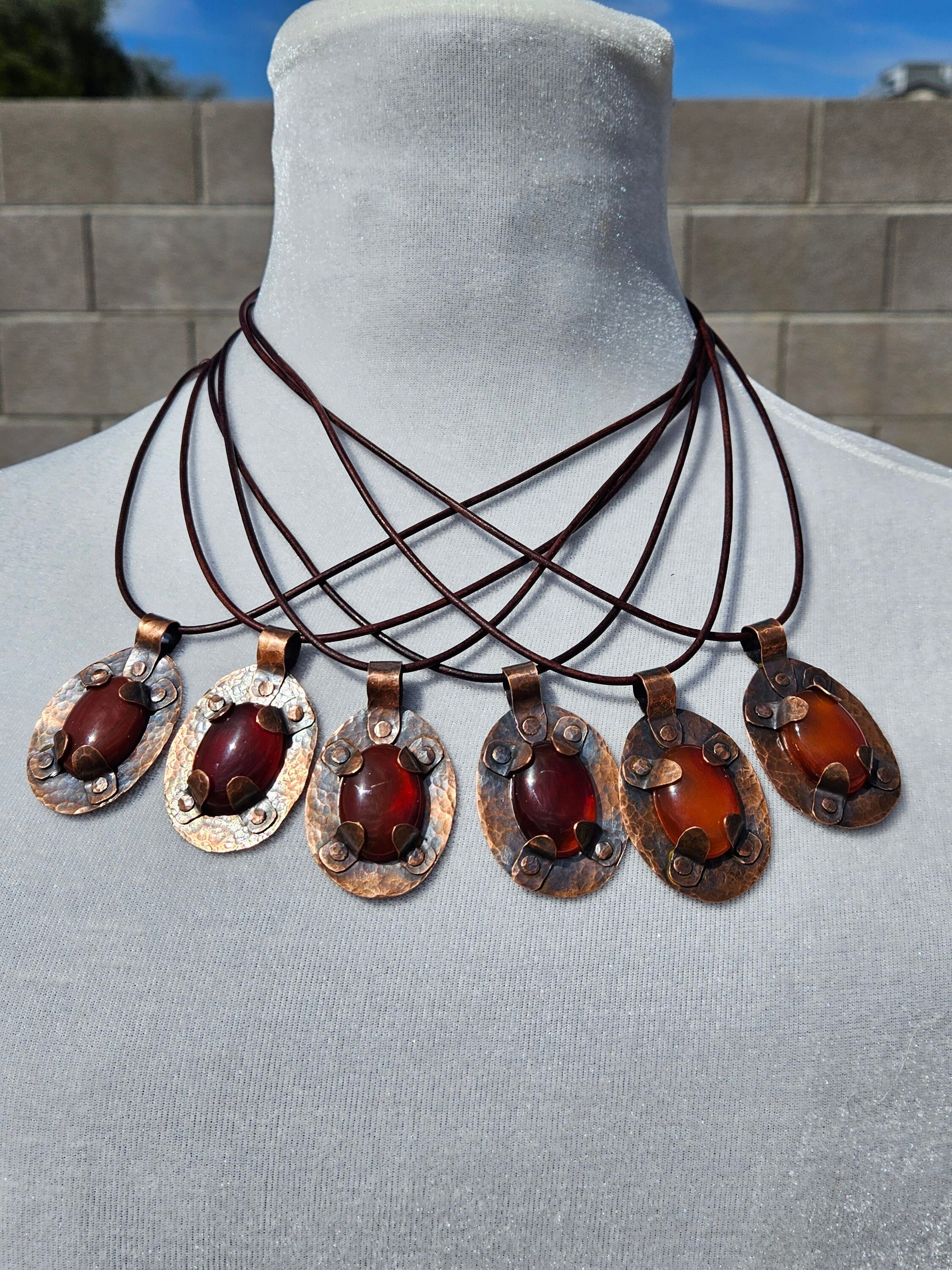 Copper and Carnelian Amulet/ Leather Cord/ Hammered Copper