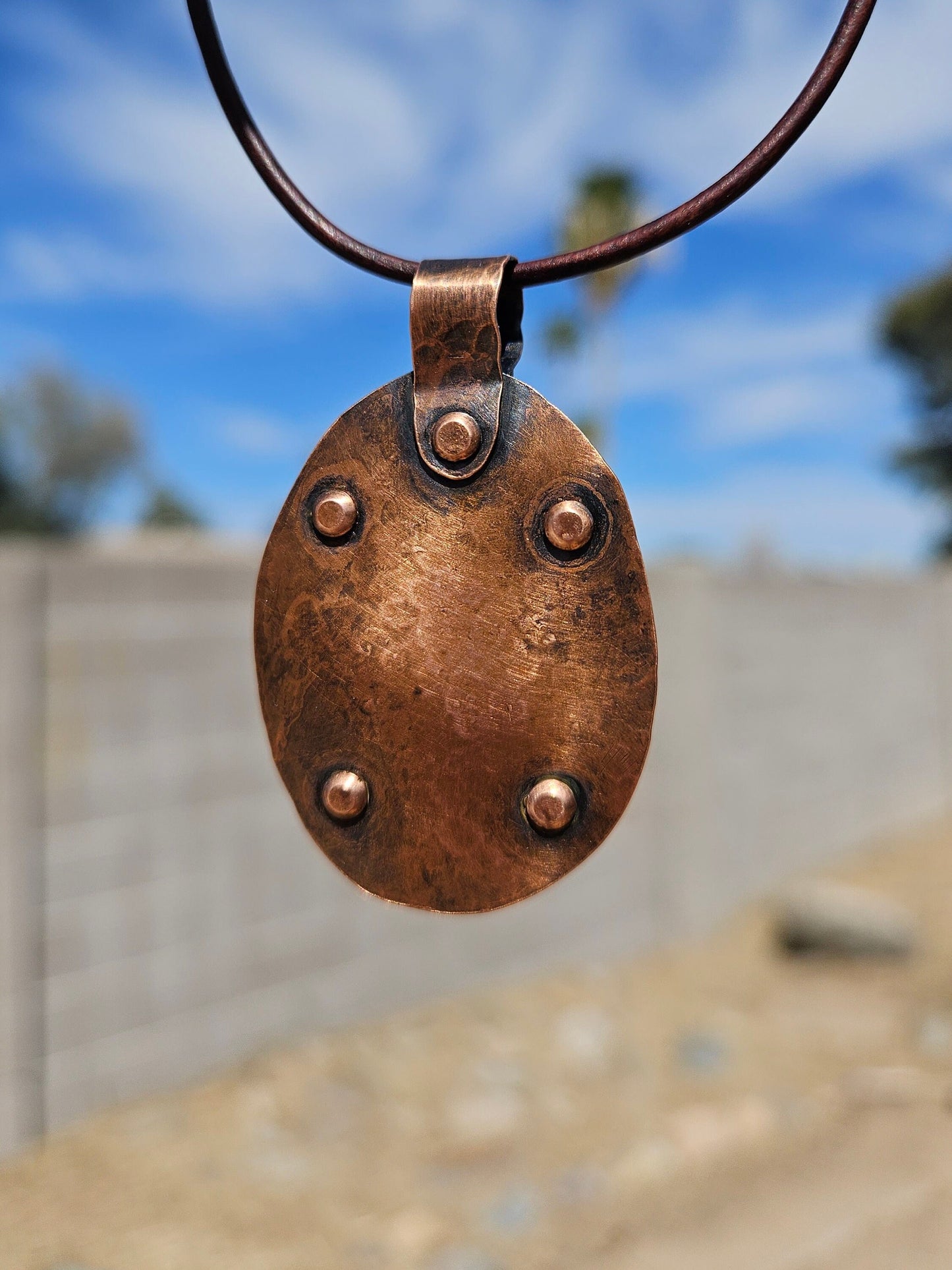 Copper and Carnelian Amulet/ Leather Cord/ Hammered Copper Necklace/ Carnelian Crystal Pendant/ Copper Rivets/ Elven Soul Jewelry