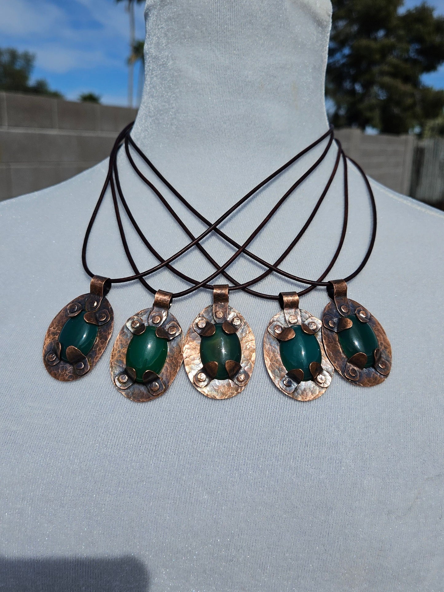 Copper and Green Agate Amulet/ Leather Cord/ Hammered Copper Necklace/ Crystal Pendant/ Copper Rivets/ Elven Soul Jewelry