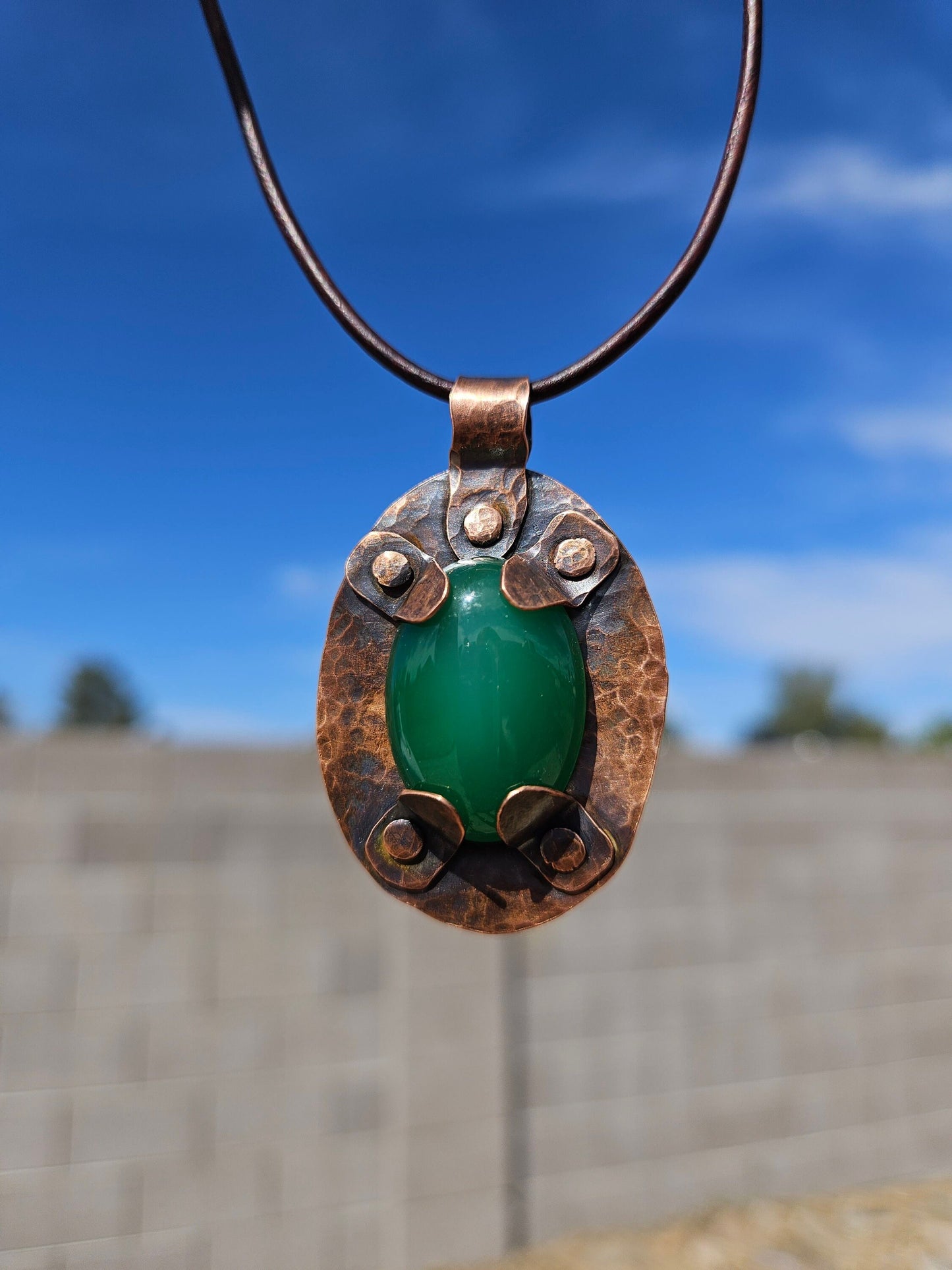 Copper and Green Agate Amulet/ Leather Cord/ Hammered Copper Necklace/ Crystal Pendant/ Copper Rivets/ Elven Soul Jewelry