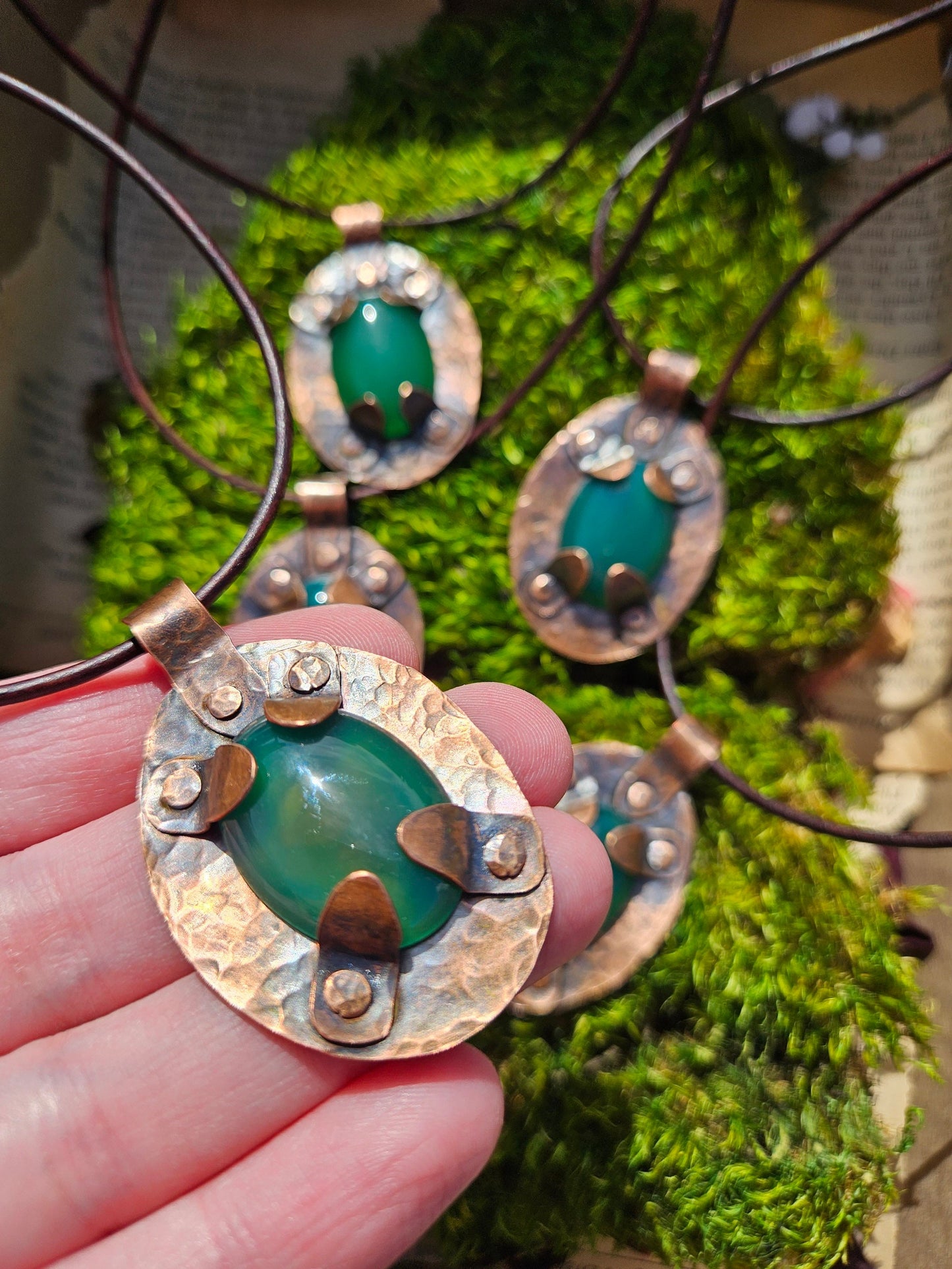 Copper and Green Agate Amulet/ Leather Cord/ Hammered Copper Necklace/ Crystal Pendant/ Copper Rivets/ Elven Soul Jewelry