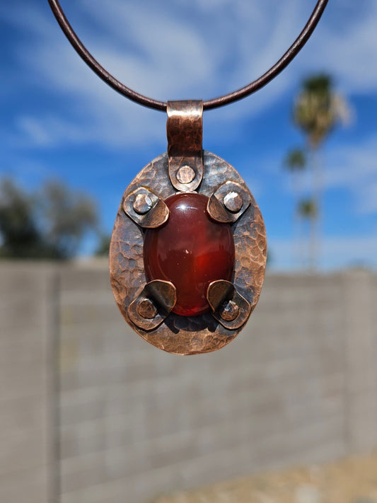 Copper and Carnelian Amulet/ Leather Cord/ Hammered Copper Necklace/ Carnelian Crystal Pendant/ Copper Rivets/ Elven Soul Jewelry