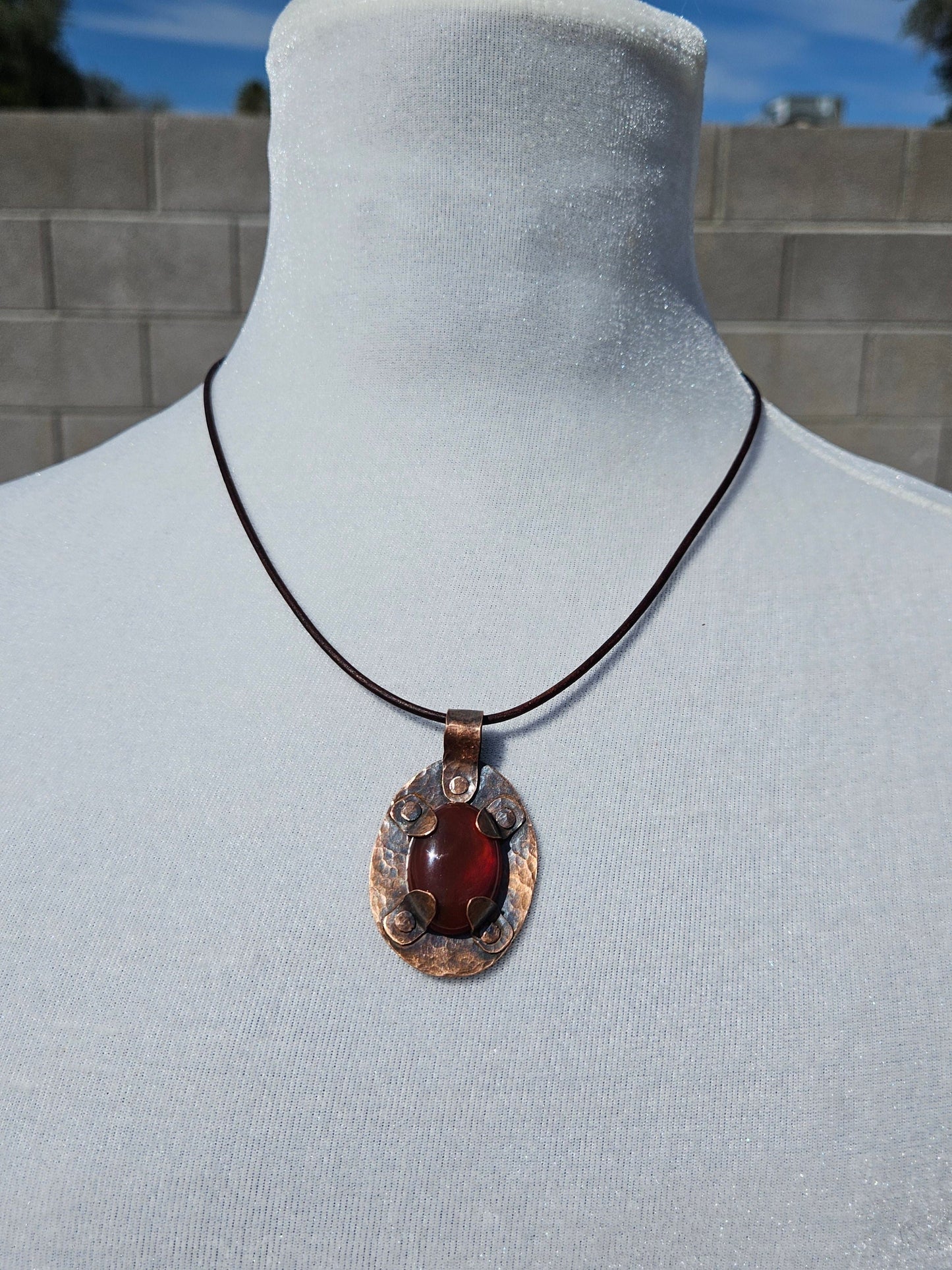 Copper and Carnelian Amulet/ Leather Cord/ Hammered Copper Necklace/ Carnelian Crystal Pendant/ Copper Rivets/ Elven Soul Jewelry