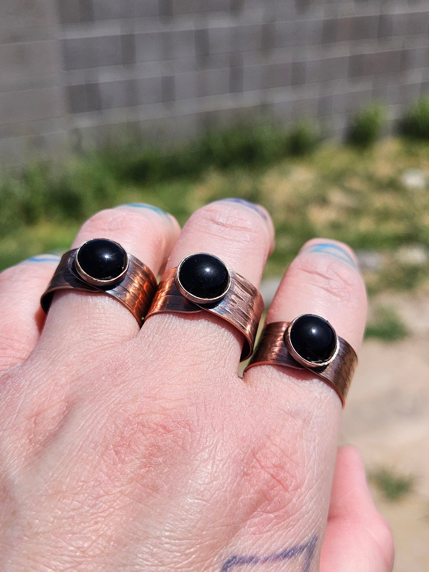 Black Agate Copper Tree Bark Ring/ Adjustable Copper Ring/ Wide Ring Band/ Rustic Copper Jewelry / Elven Soul