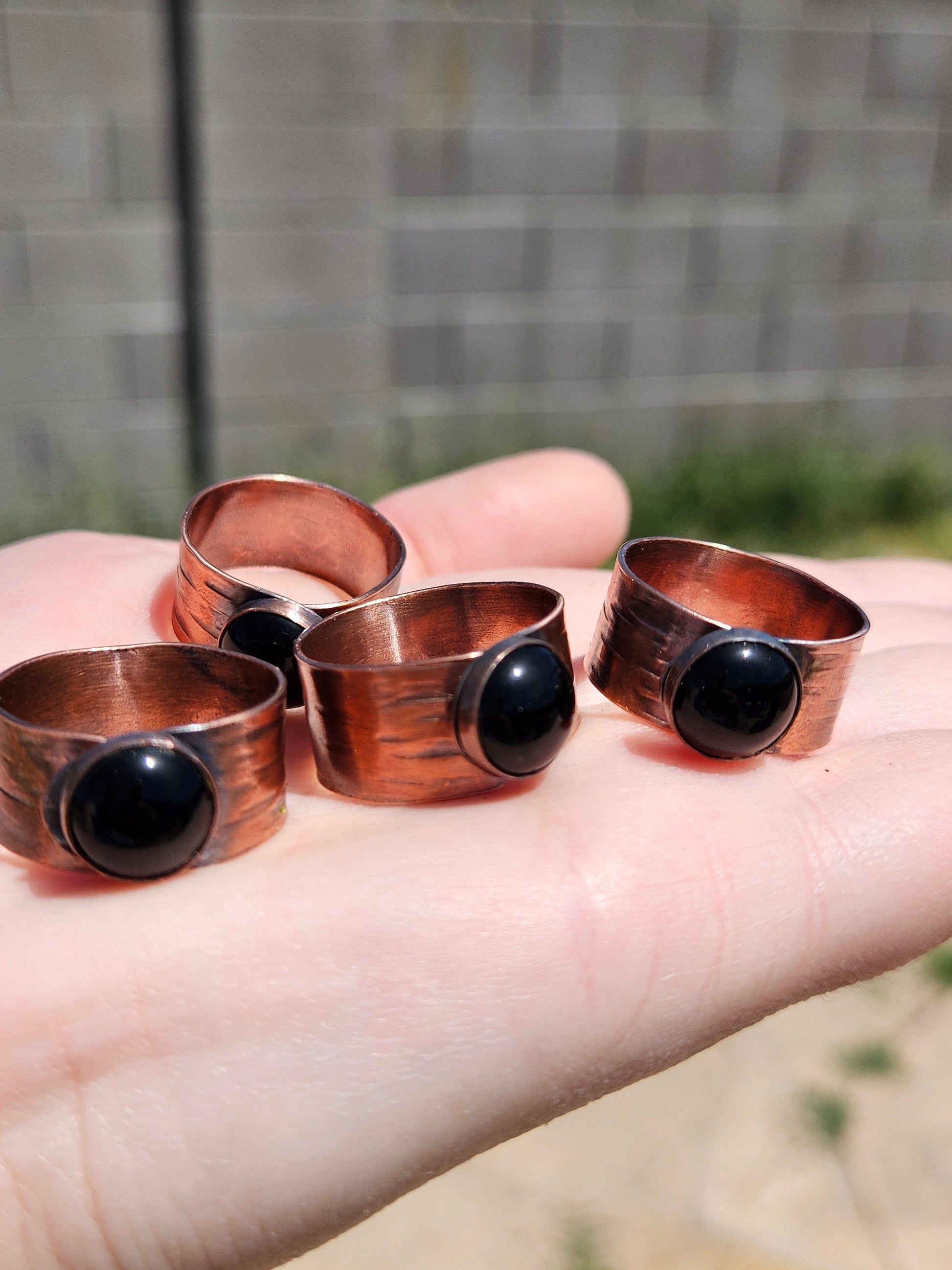 Black Agate Copper Tree Bark Ring/ Adjustable Copper Ring/ Wide Ring Band/ Rustic Copper Jewelry / Elven Soul