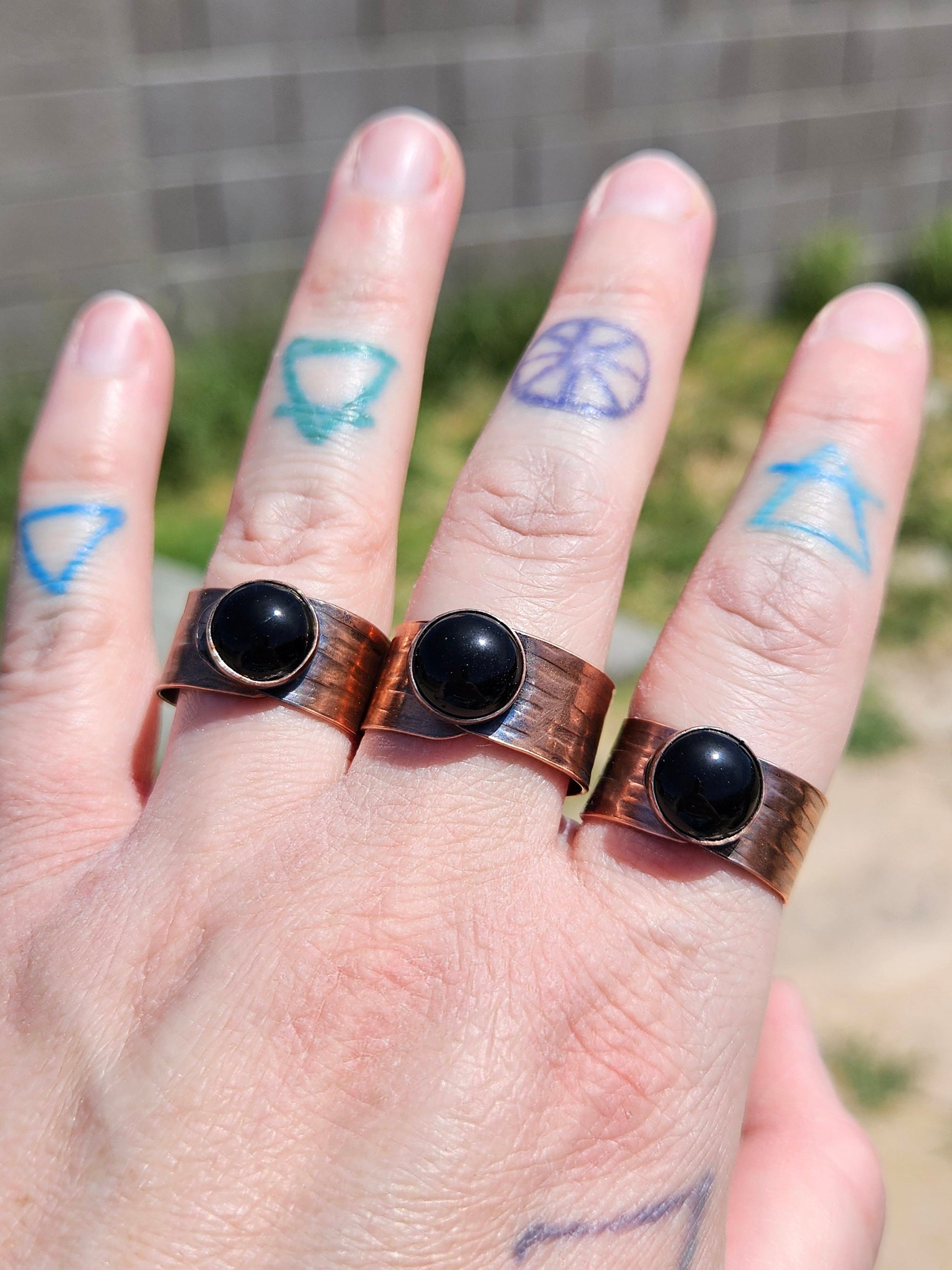 Black Agate Copper Tree Bark Ring/ Adjustable Copper Ring/ Wide Ring Band/ Rustic Copper Jewelry / Elven Soul