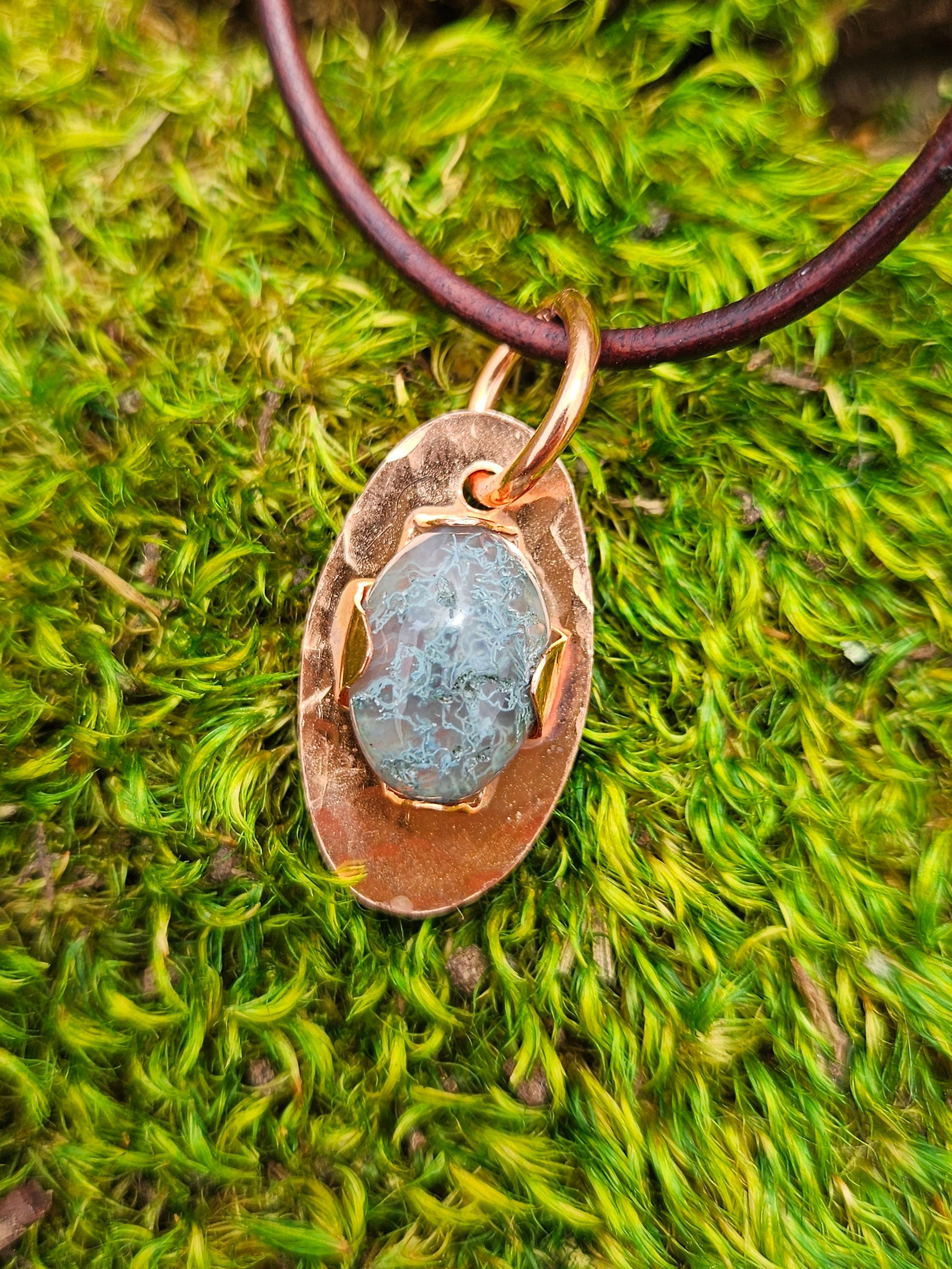 Moss Agate Copper Pendant Necklace/ Leather Cord/ Crystal and Stone Jewelry/ Copper Jewelry/ Elven Soul