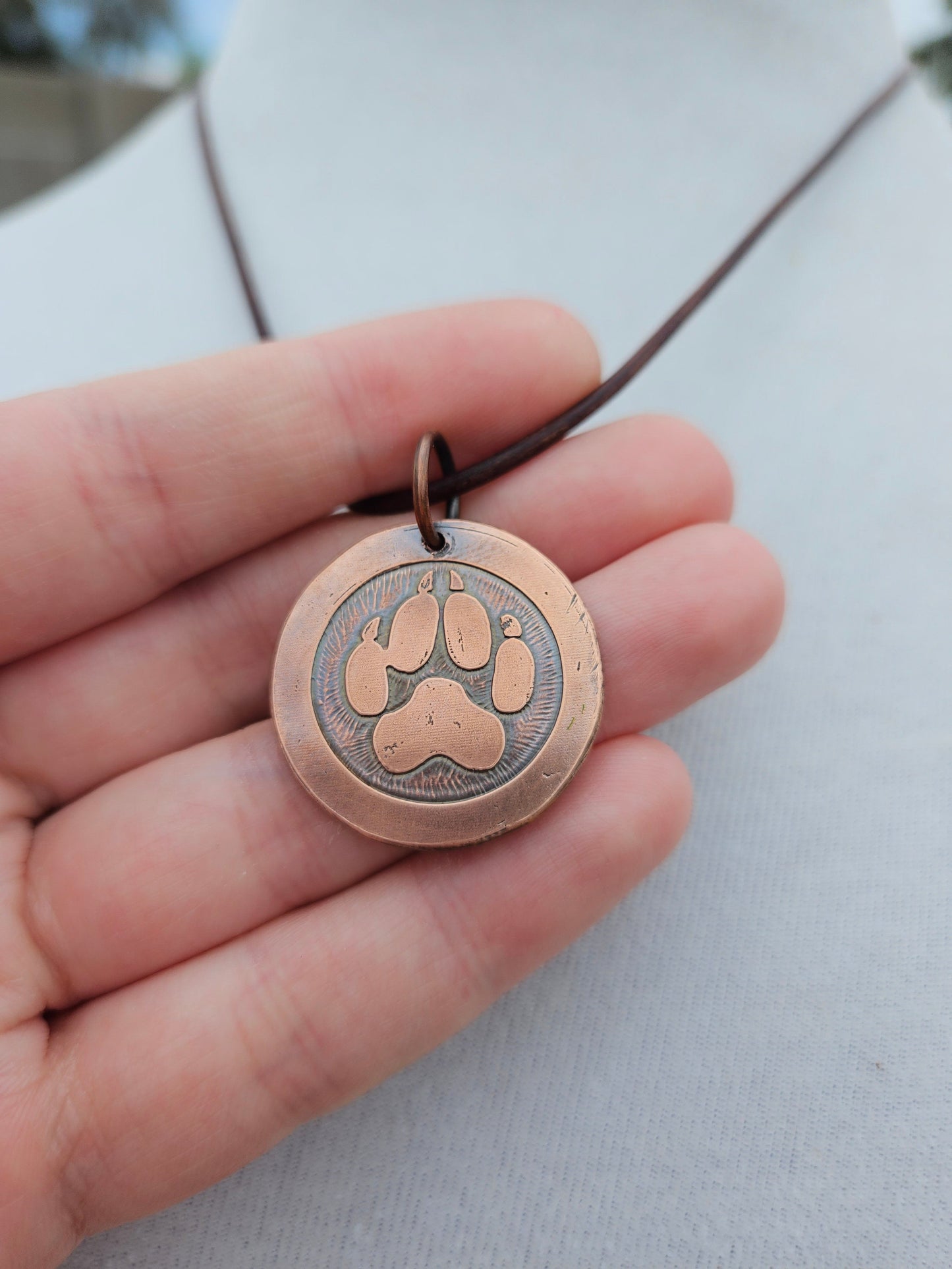 Wolf Paw Copper Etched Pendant Necklace/ Coyote Paw/ Leather Cord/ Rustic Copper Jewelry/ Elven Soul