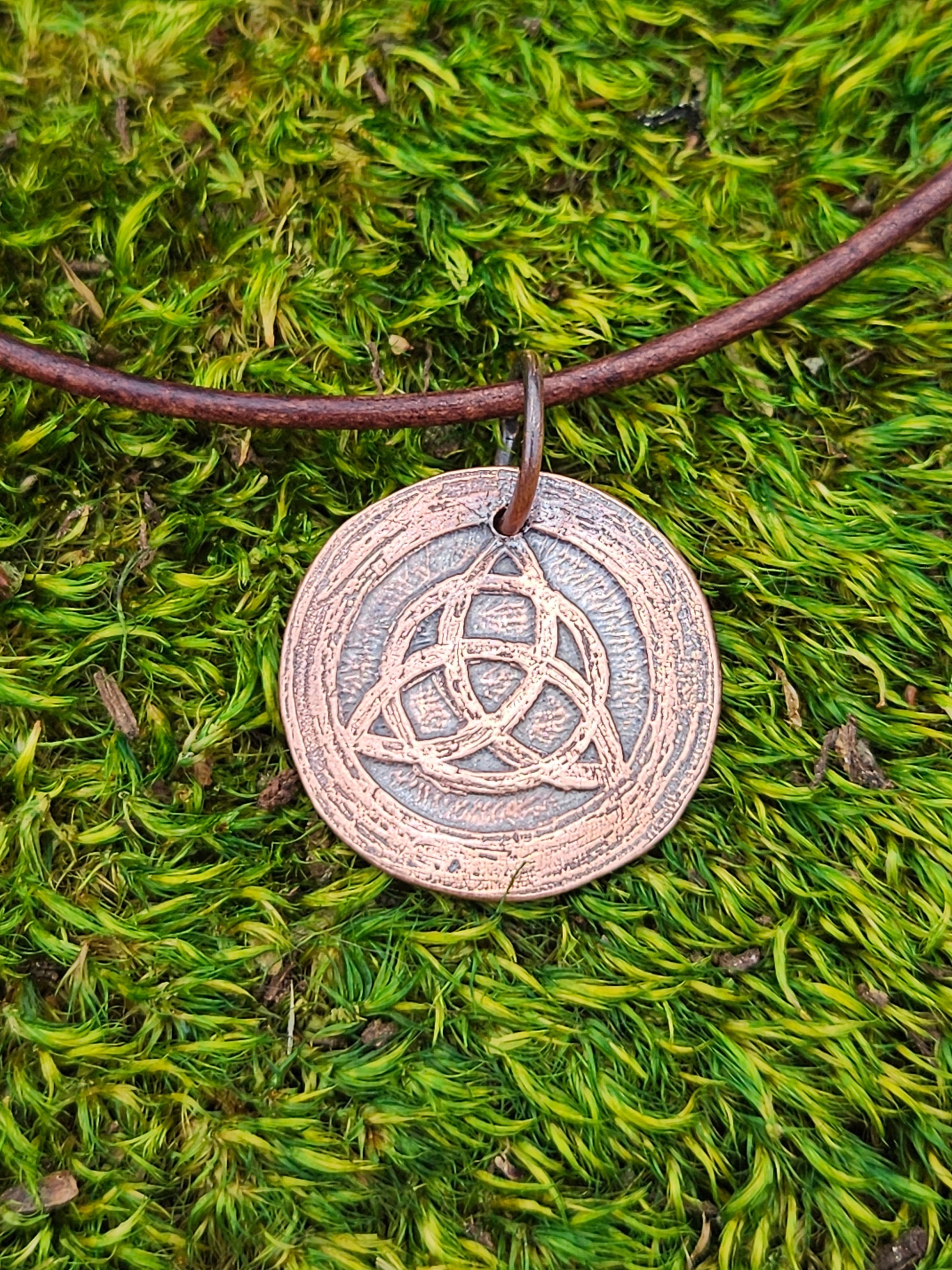 Triquetra Copper Etched Pendant/ Trinity Knot Necklace/ Leather Cord/ Celtic Jewelry/ Rustic Copper Jewelry/ Elven Soul