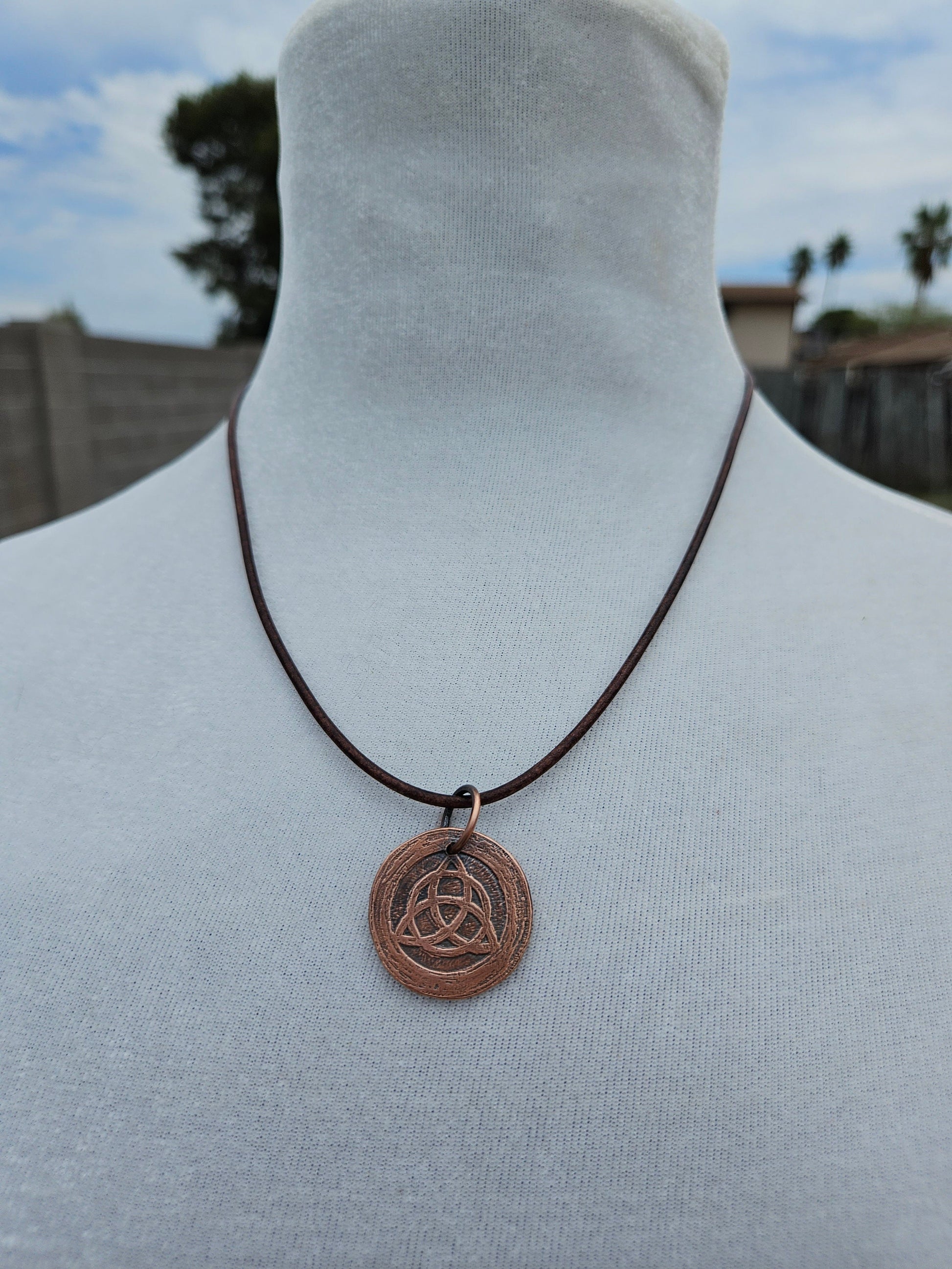 Triquetra Copper Etched Pendant/ Trinity Knot Necklace/ Leather Cord/ Celtic Jewelry/ Rustic Copper Jewelry/ Elven Soul