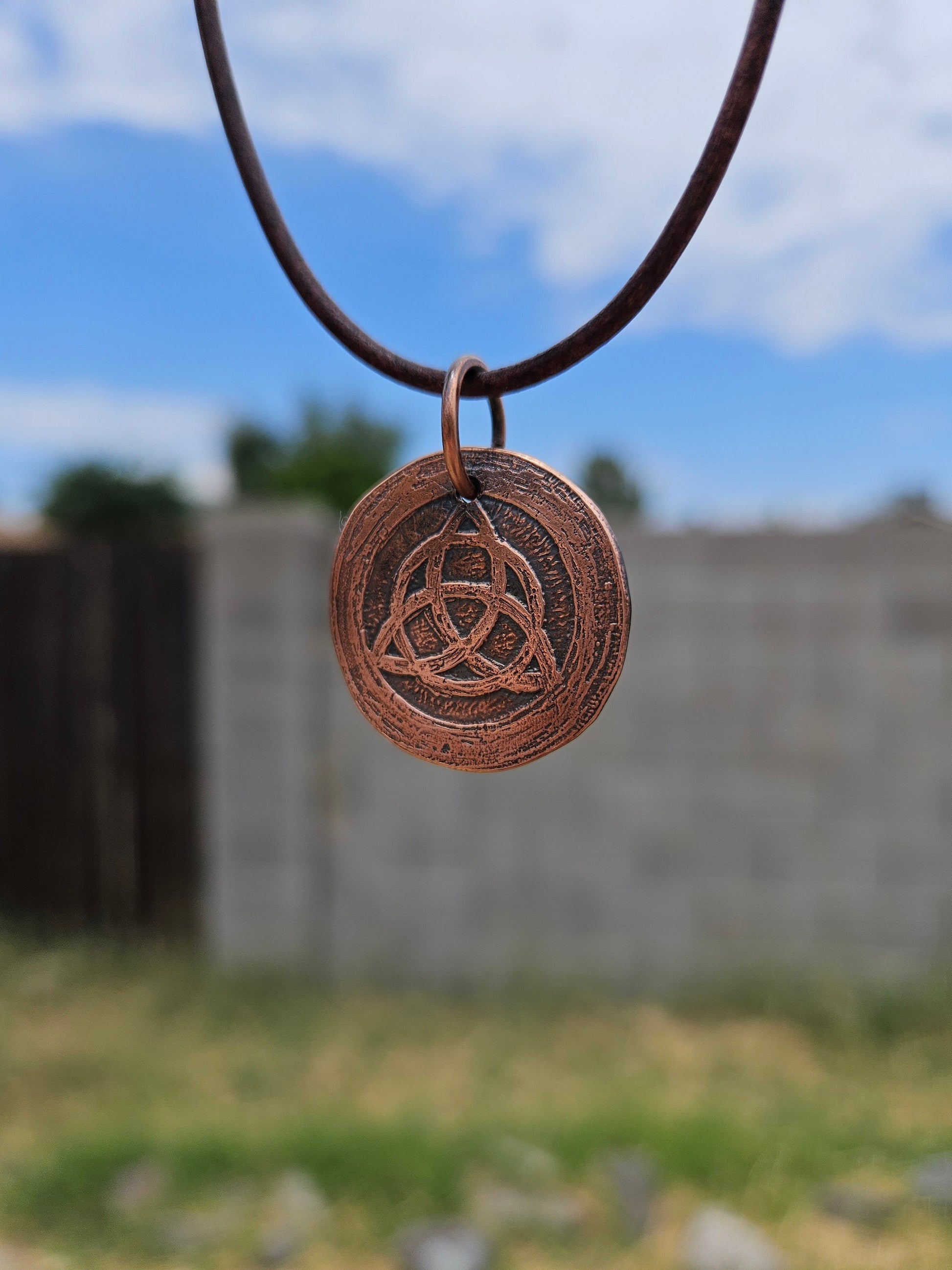 Triquetra Copper Etched Pendant/ Trinity Knot Necklace/ Leather Cord/ Celtic Jewelry/ Rustic Copper Jewelry/ Elven Soul