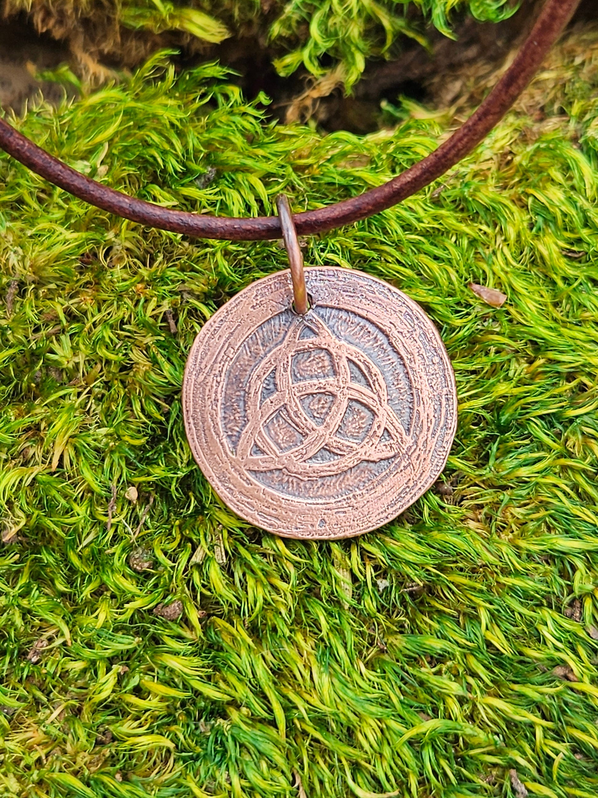 Triquetra Copper Etched Pendant/ Trinity Knot Necklace/ Leather Cord/ Celtic Jewelry/ Rustic Copper Jewelry/ Elven Soul