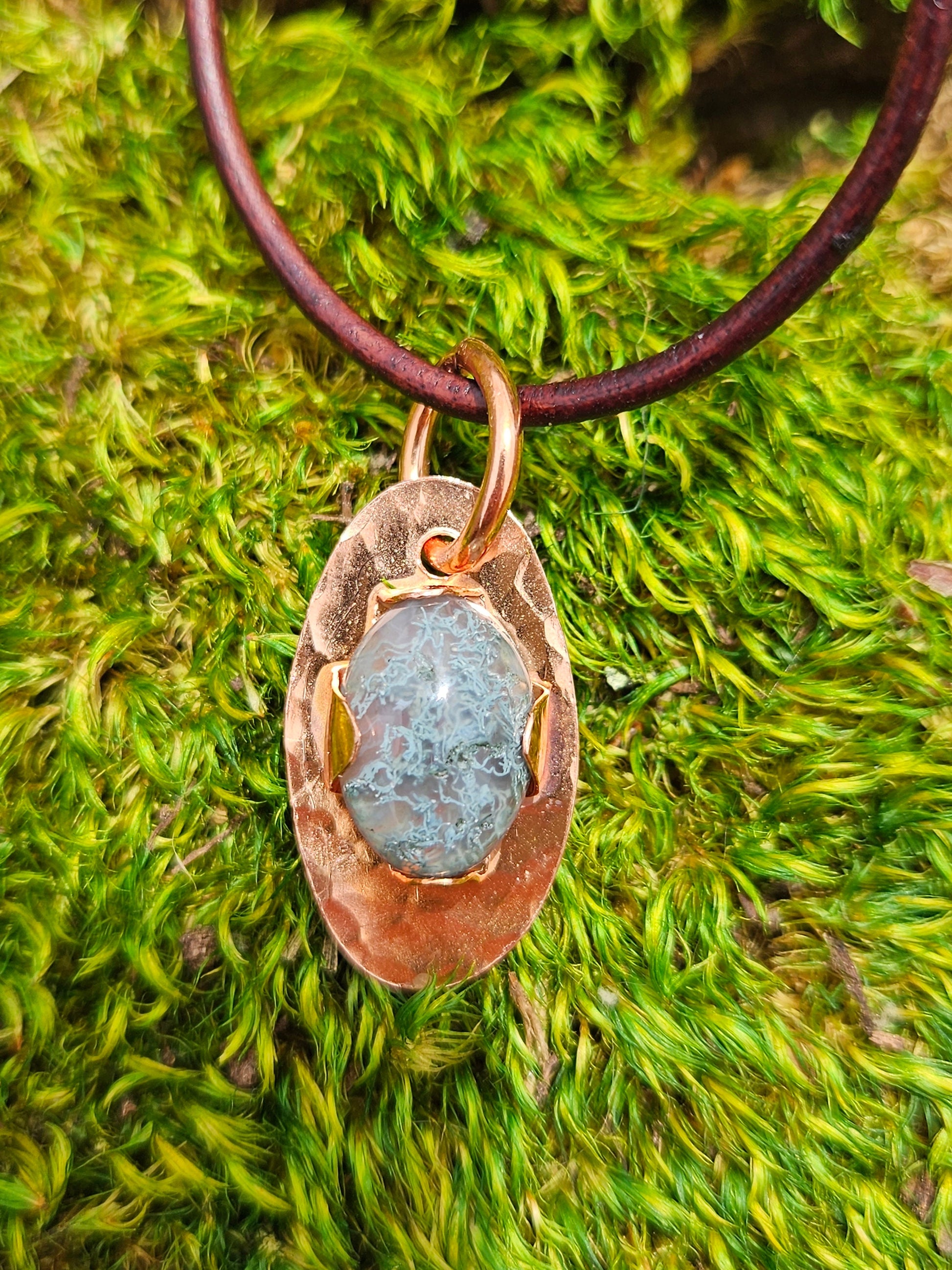 Moss Agate Copper Pendant Necklace/ Leather Cord/ Crystal and Stone Jewelry/ Copper Jewelry/ Elven Soul