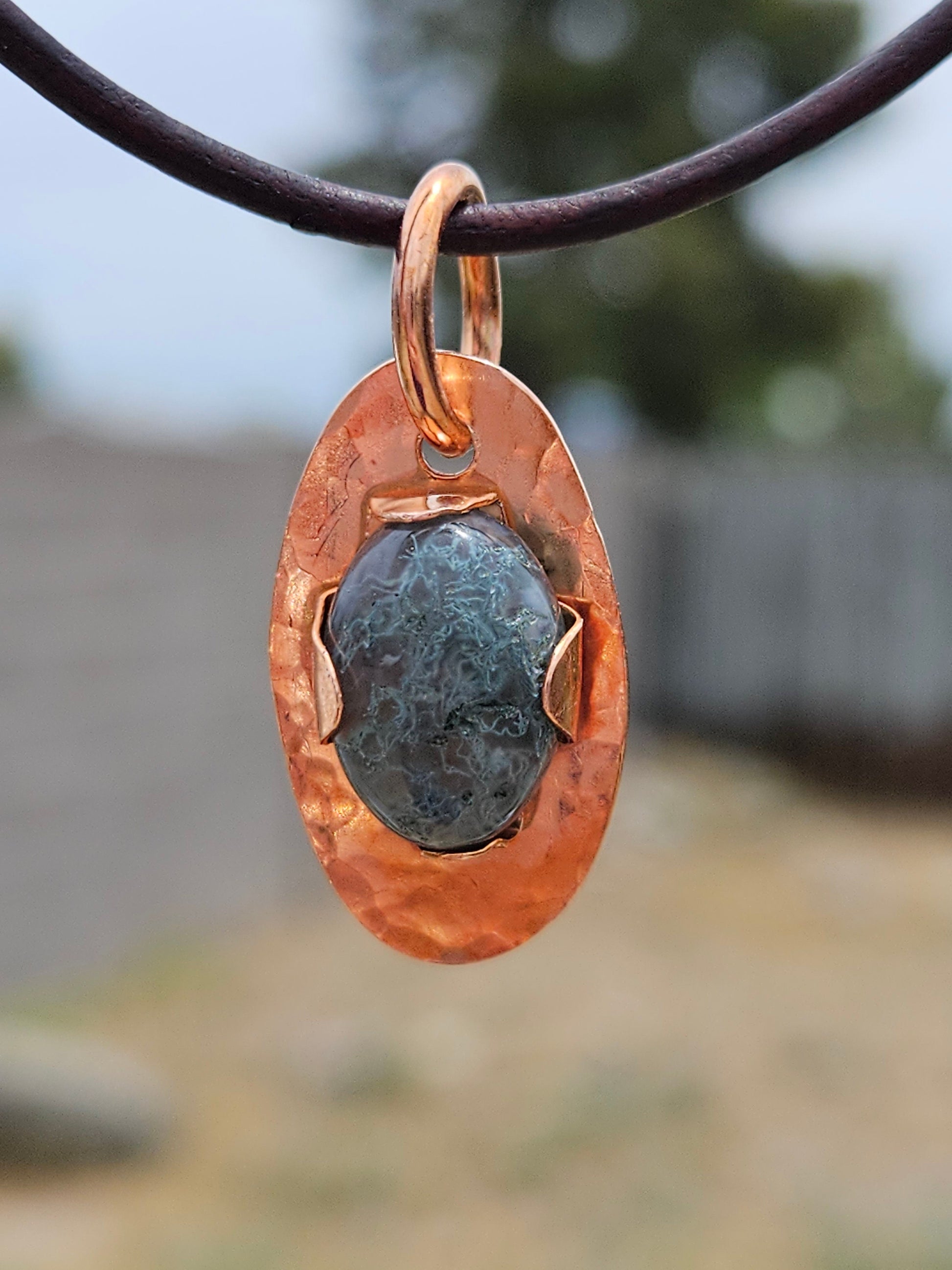 Moss Agate Copper Pendant Necklace/ Leather Cord/ Crystal and Stone Jewelry/ Copper Jewelry/ Elven Soul