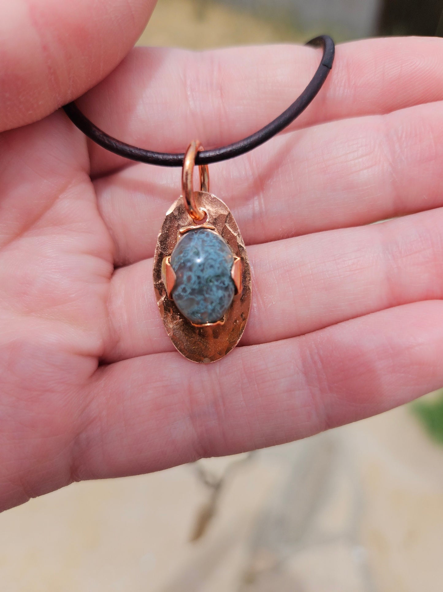 Moss Agate Copper Pendant Necklace/ Leather Cord/ Crystal and Stone Jewelry/ Copper Jewelry/ Elven Soul