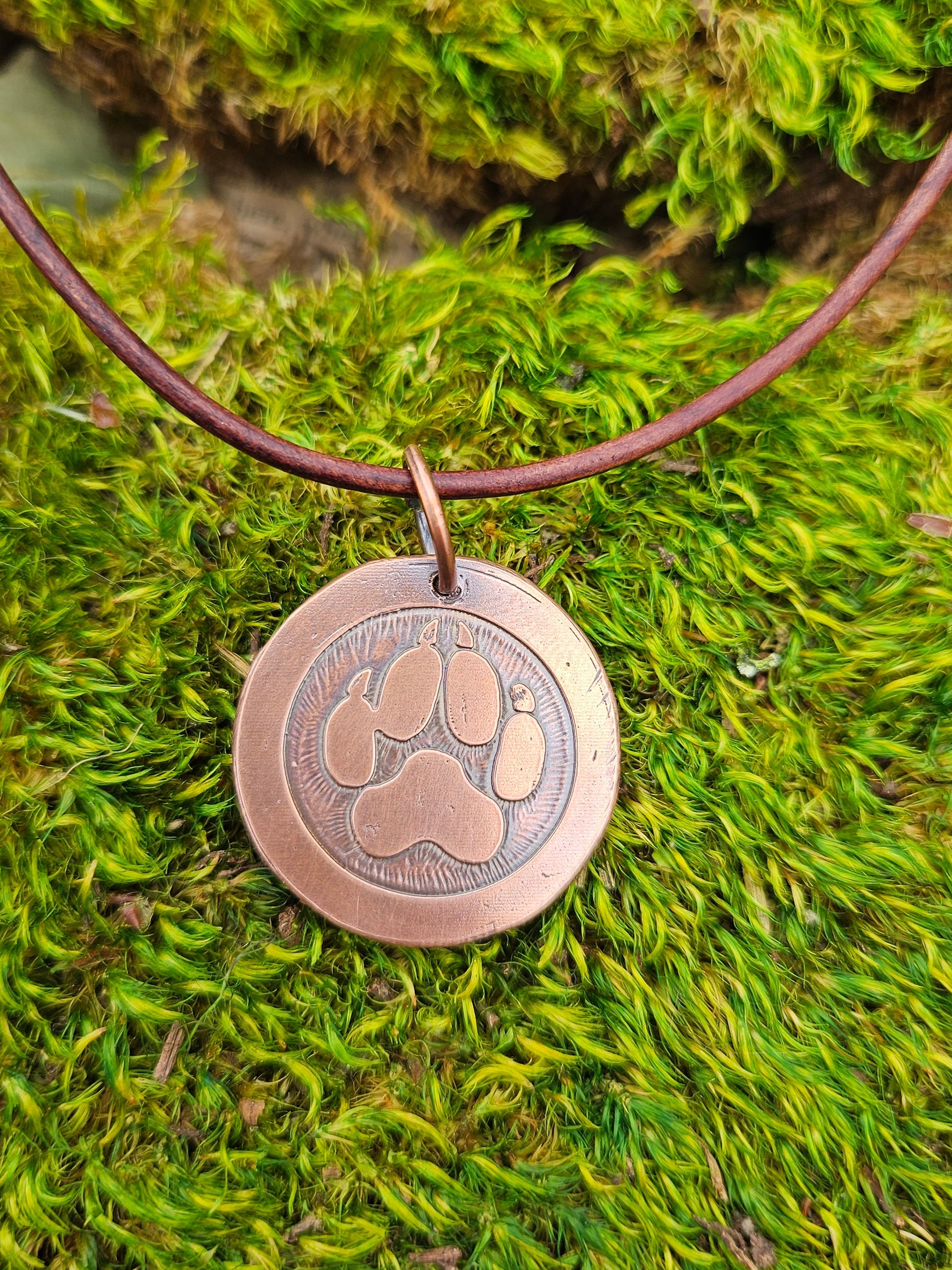 Wolf Paw Copper Etched Pendant Necklace/ Coyote Paw/ Leather Cord/ Rustic Copper Jewelry/ Elven Soul