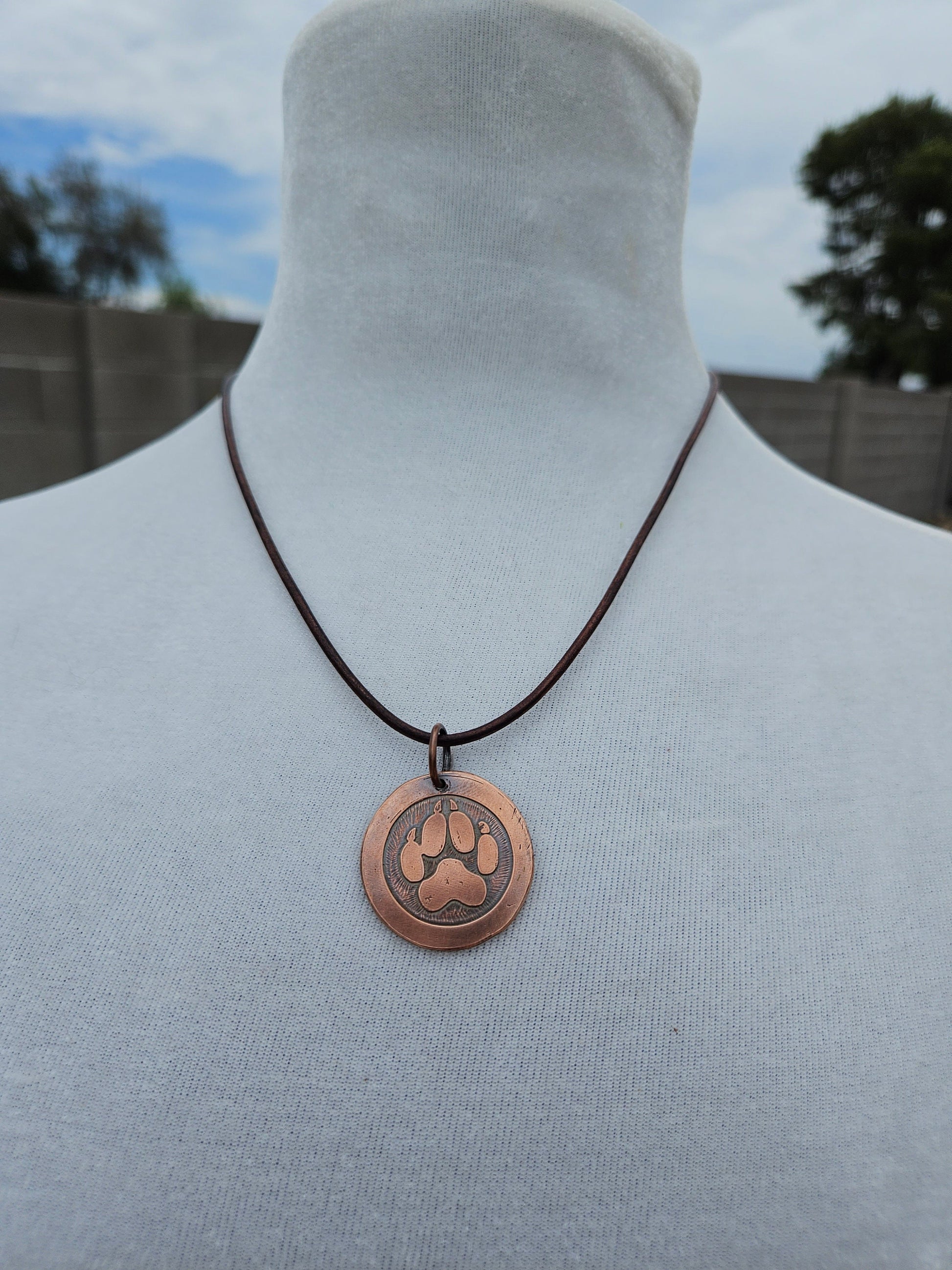 Wolf Paw Copper Etched Pendant Necklace/ Coyote Paw/ Leather Cord/ Rustic Copper Jewelry/ Elven Soul