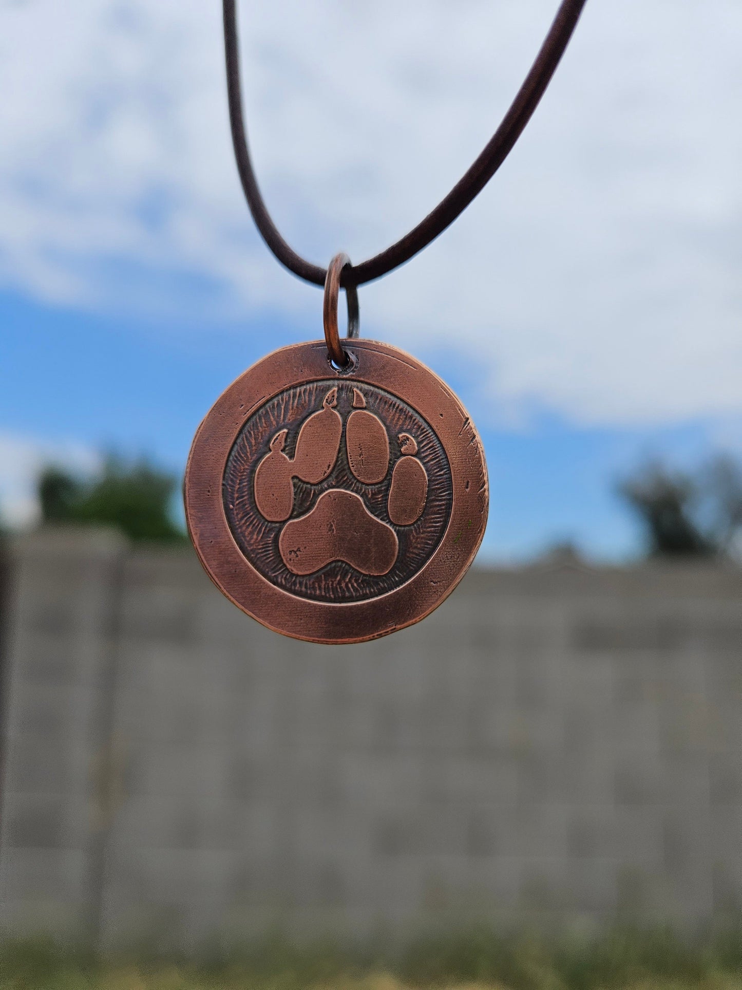 Wolf Paw Copper Etched Pendant Necklace/ Coyote Paw/ Leather Cord/ Rustic Copper Jewelry/ Elven Soul