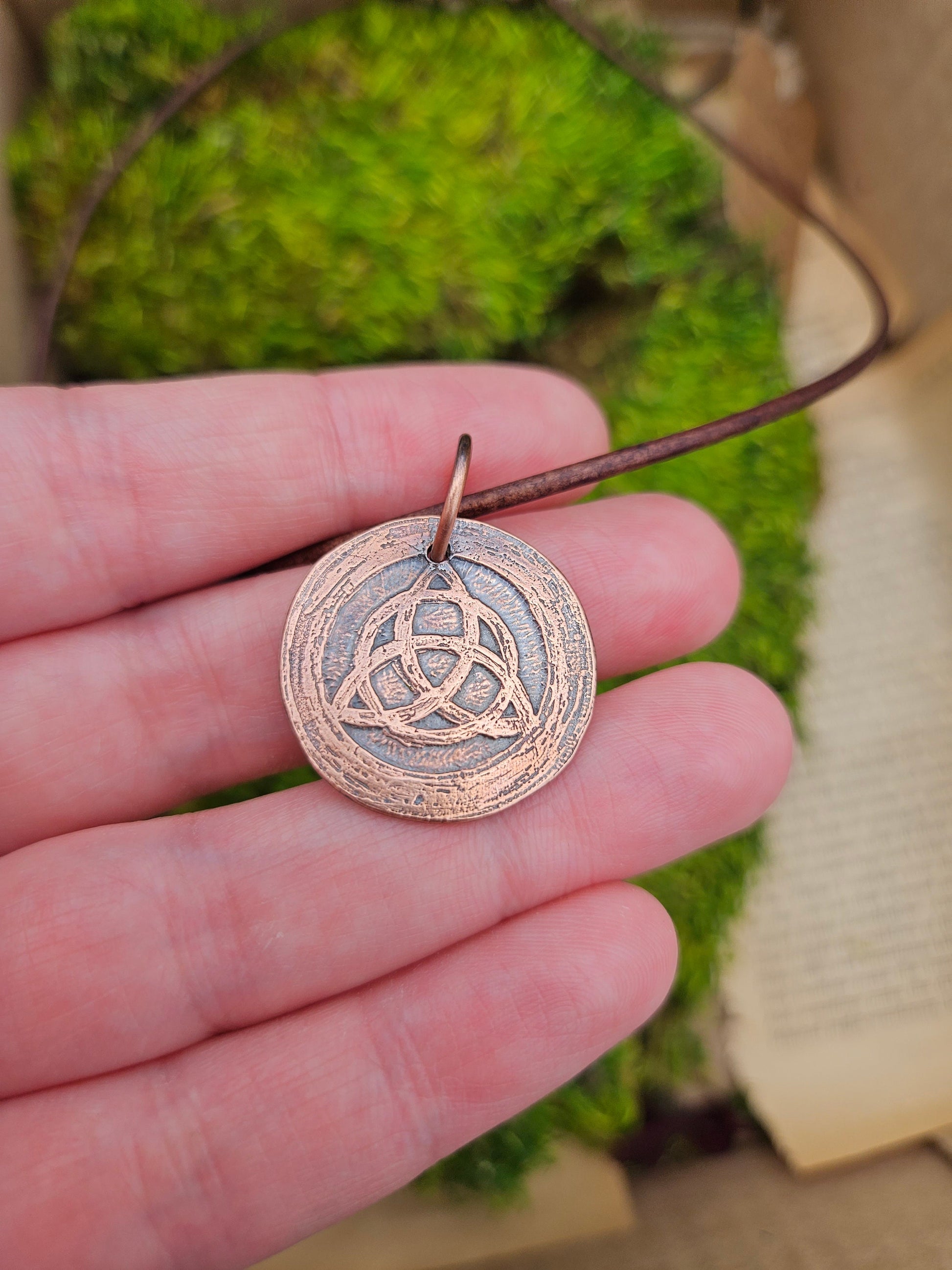 Triquetra Copper Etched Pendant/ Trinity Knot Necklace/ Leather Cord/ Celtic Jewelry/ Rustic Copper Jewelry/ Elven Soul