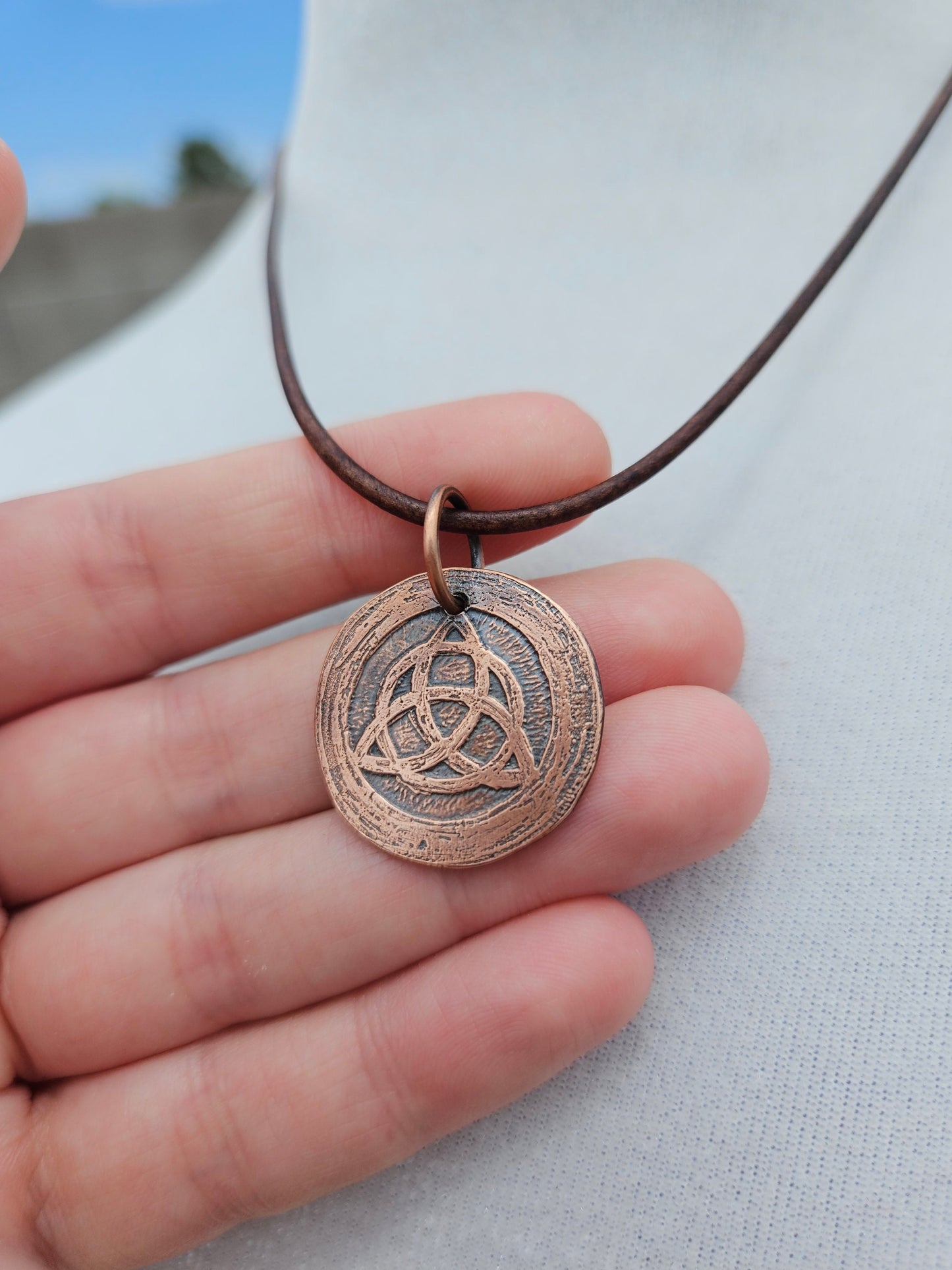 Triquetra Copper Etched Pendant/ Trinity Knot Necklace/ Leather Cord/ Celtic Jewelry/ Rustic Copper Jewelry/ Elven Soul