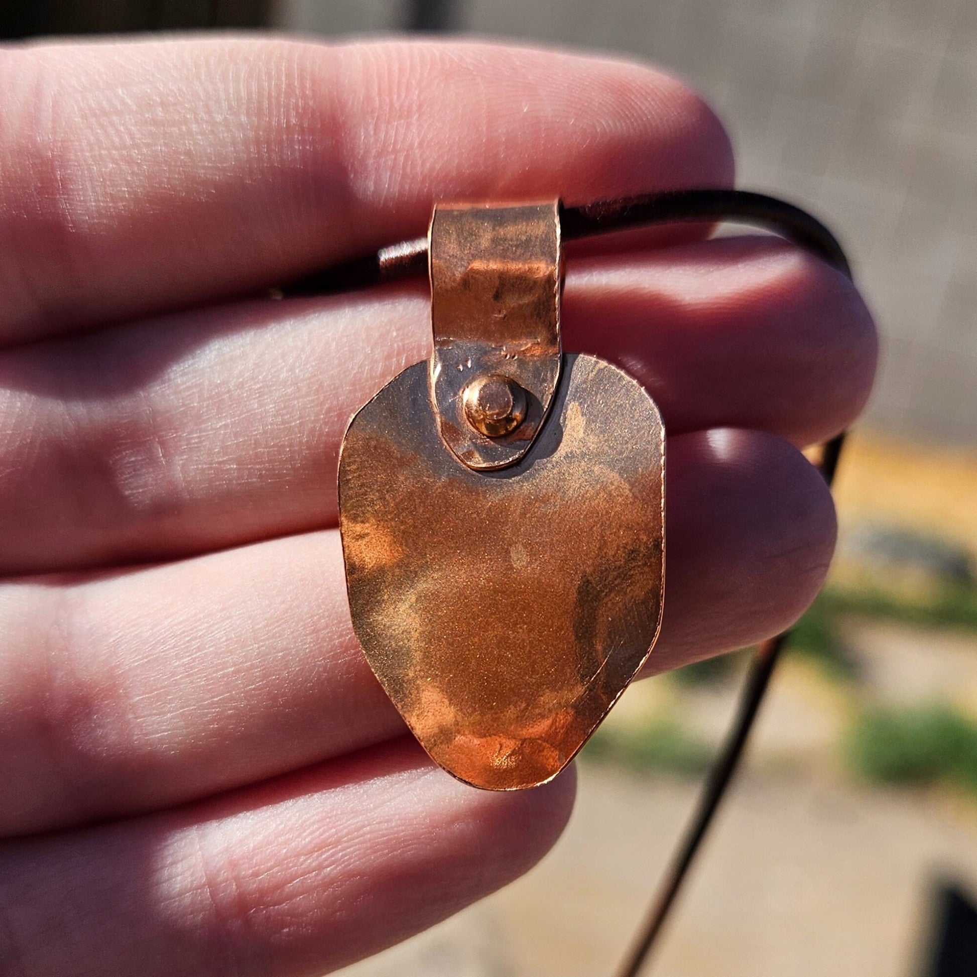 Green Agate Copper Shield Pendant Necklace/ Brown Leather Cord/ Crystal and Stone Jewelry/ Hammered Copper/Medieval Jewelry/ Elven Soul