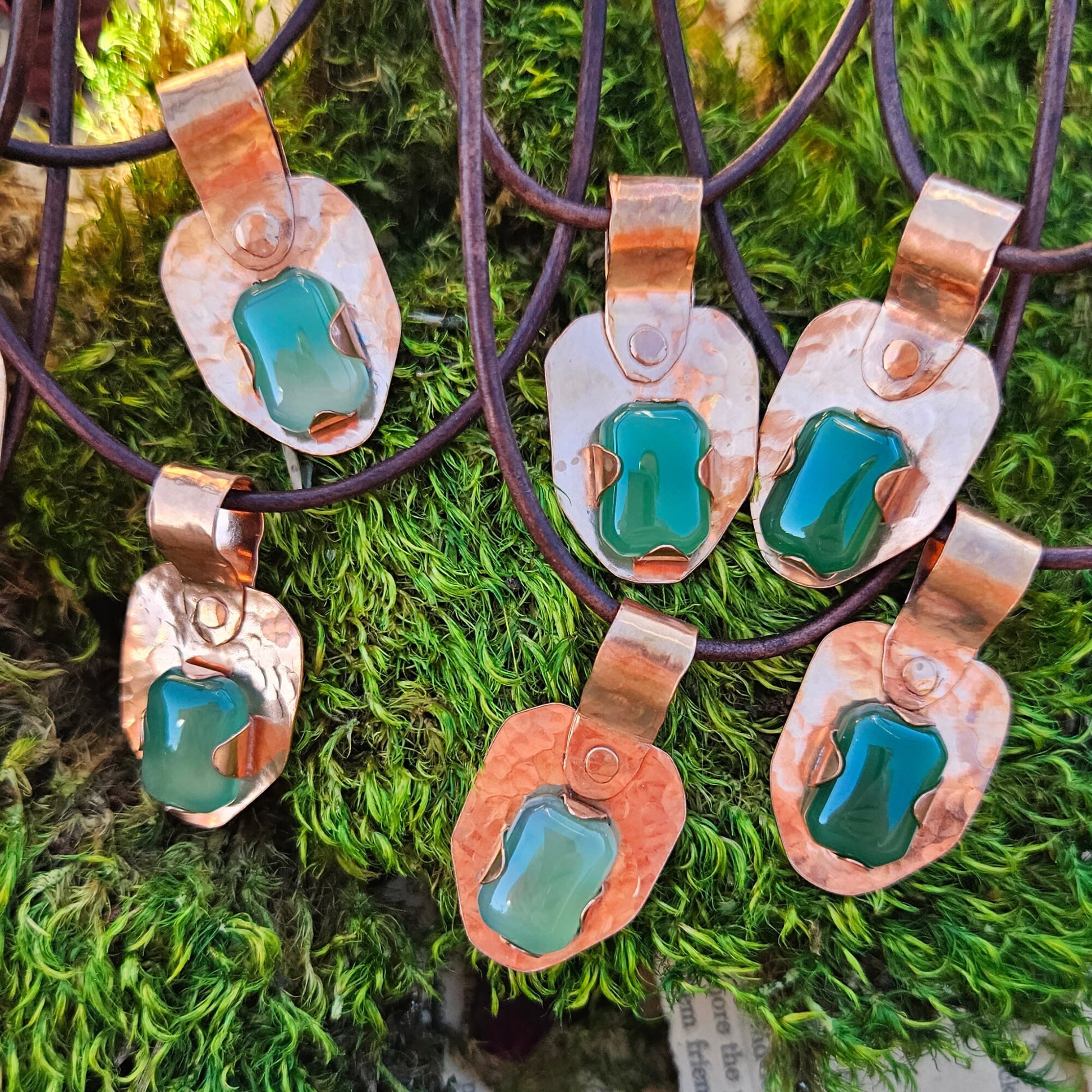 Green Agate Copper Shield Pendant Necklace/ Brown Leather Cord/ Crystal and Stone Jewelry/ Hammered Copper/Medieval Jewelry/ Elven Soul