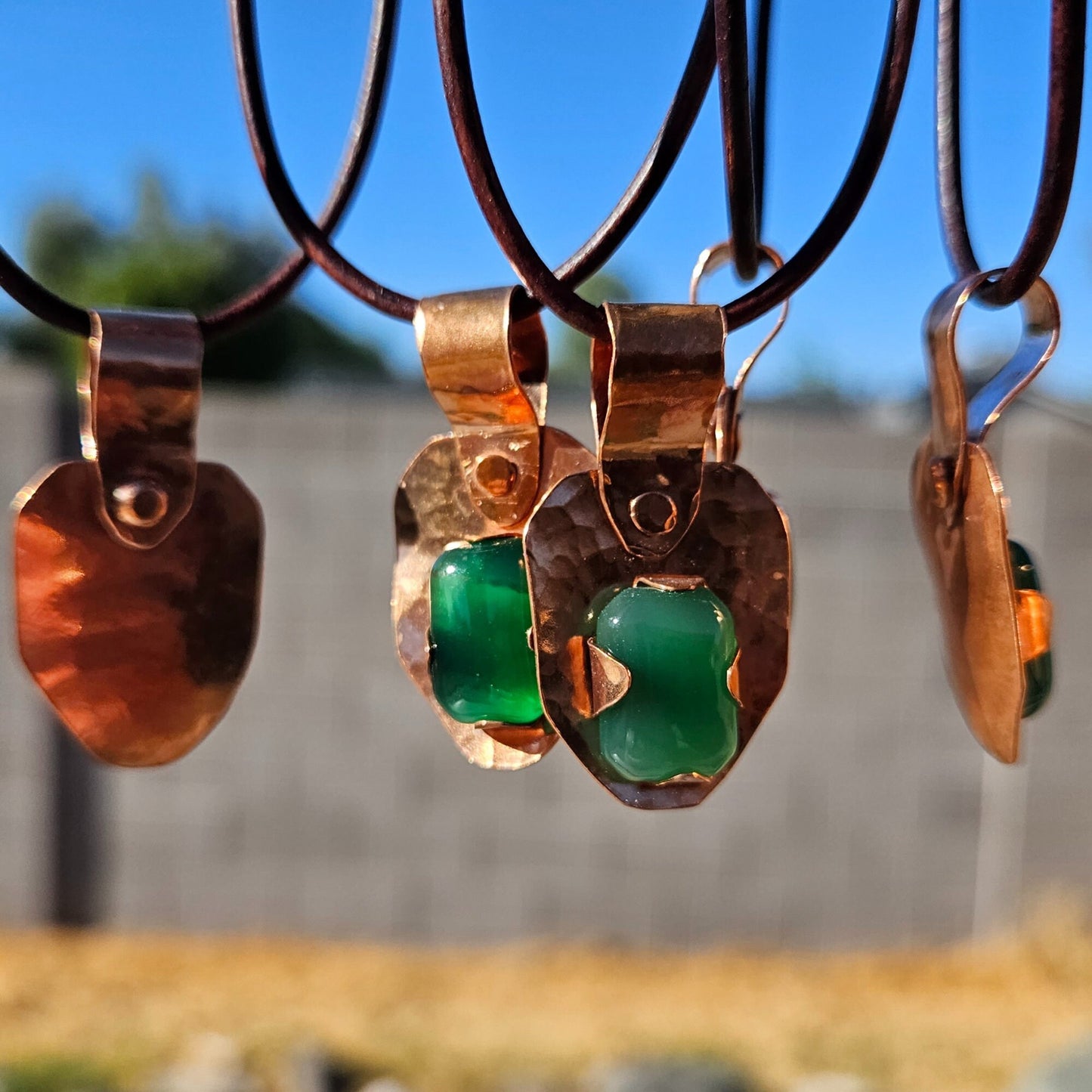 Green Agate Copper Shield Pendant Necklace/ Brown Leather Cord/ Crystal and Stone Jewelry/ Hammered Copper/Medieval Jewelry/ Elven Soul