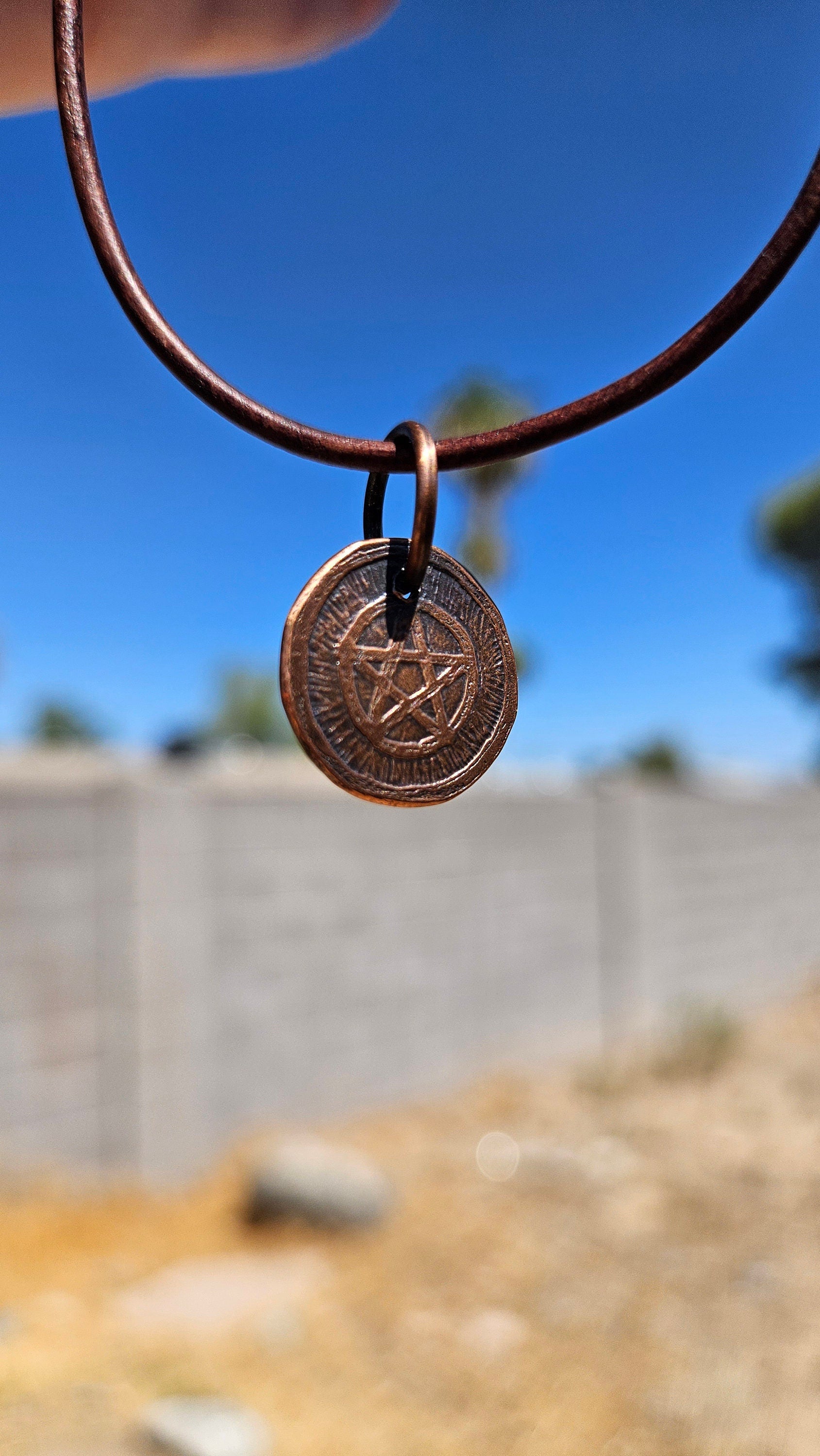 Pentacle Copper Etched Pendant Necklace/ Leather Cord/ Pagan Jewelry/ Rustic Copper Jewelry/ Elven Soul