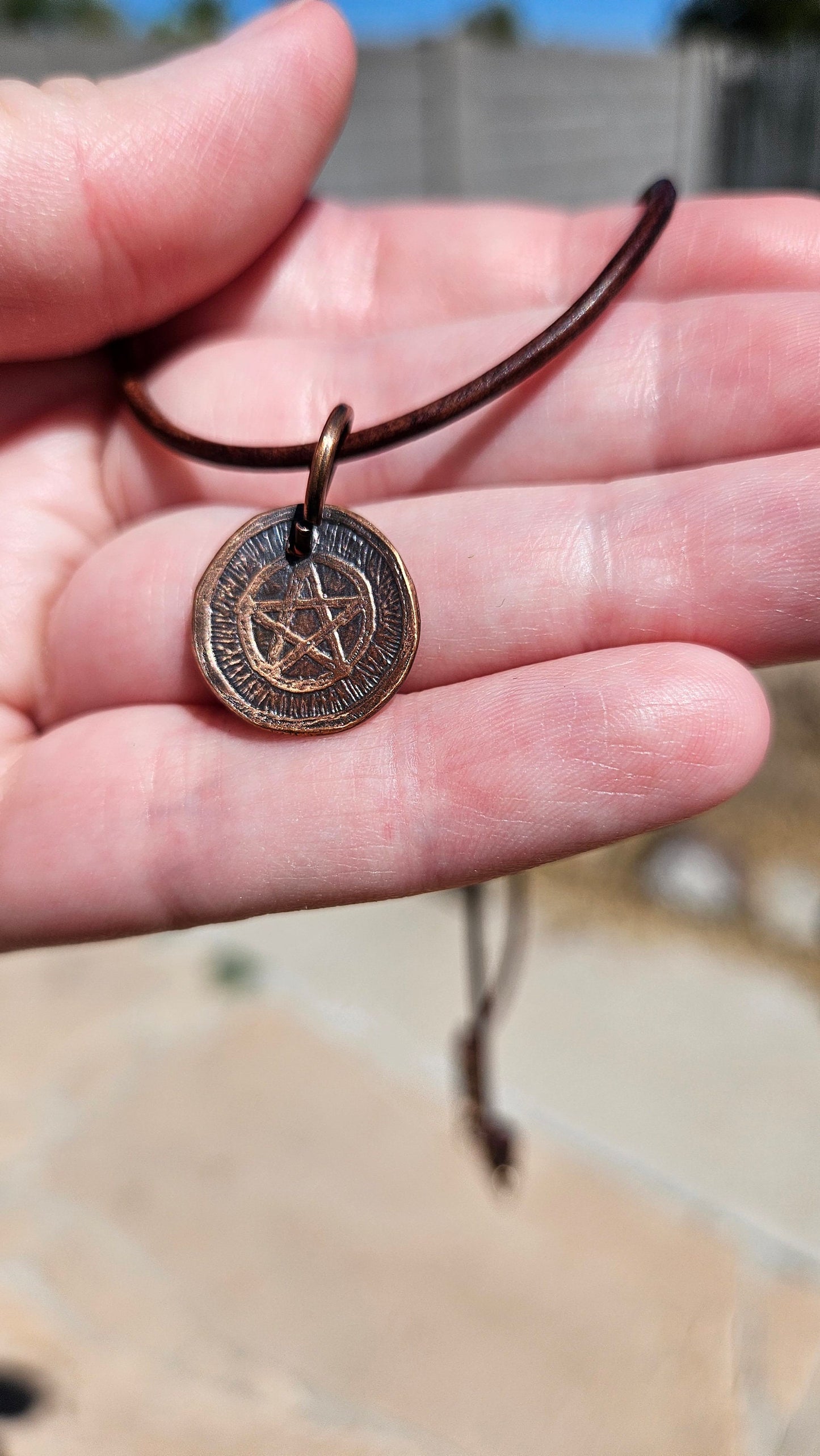 Pentacle Copper Etched Pendant Necklace/ Leather Cord/ Pagan Jewelry/ Rustic Copper Jewelry/ Elven Soul