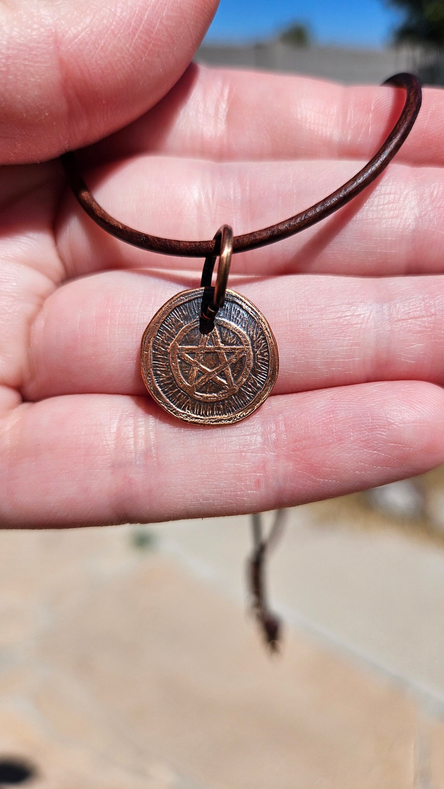 Pentacle Copper Etched Pendant Necklace/ Leather Cord/ Pagan Jewelry/ Rustic Copper Jewelry/ Elven Soul