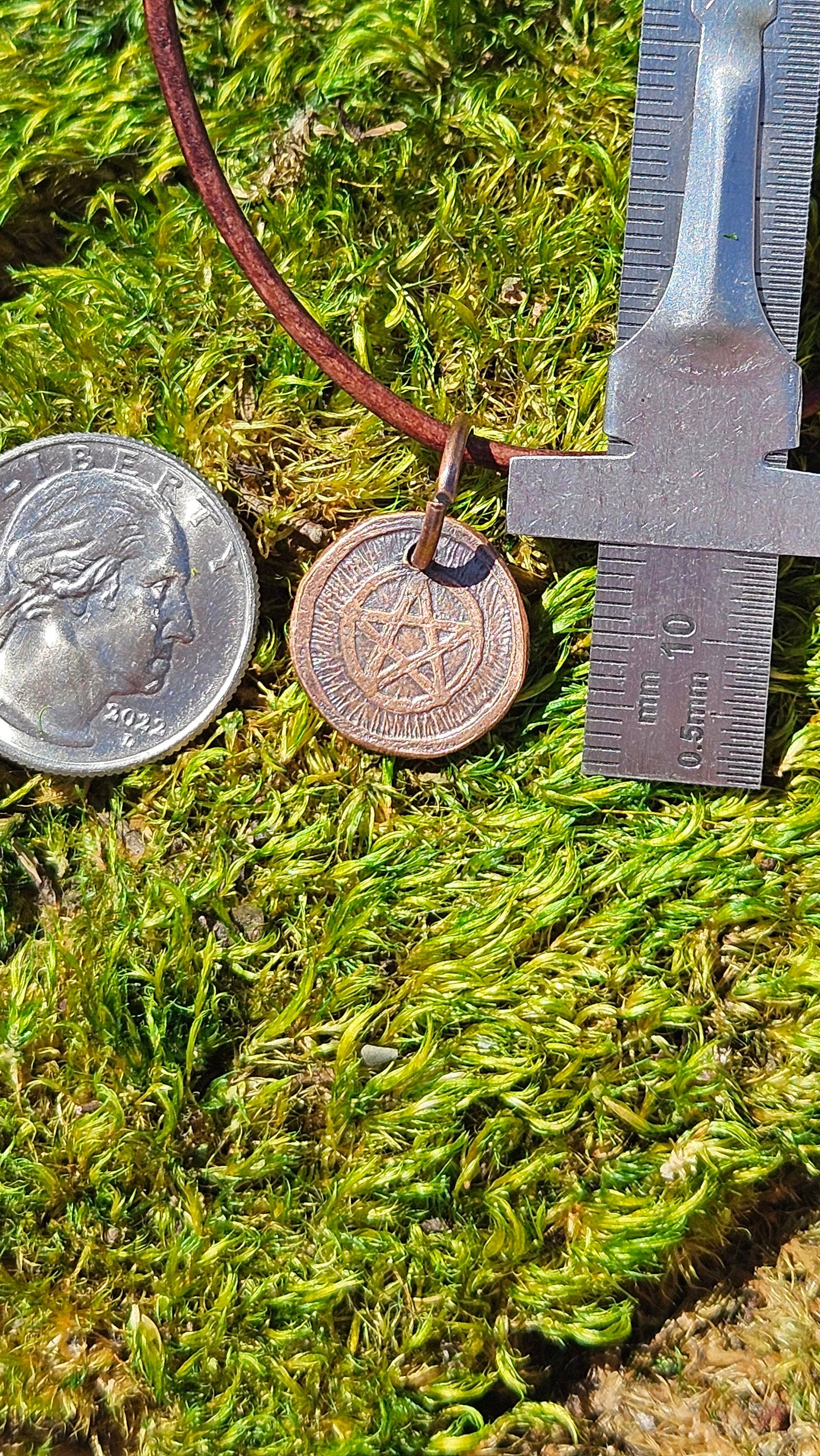 Pentacle Copper Etched Pendant Necklace/ Leather Cord/ Pagan Jewelry/ Rustic Copper Jewelry/ Elven Soul