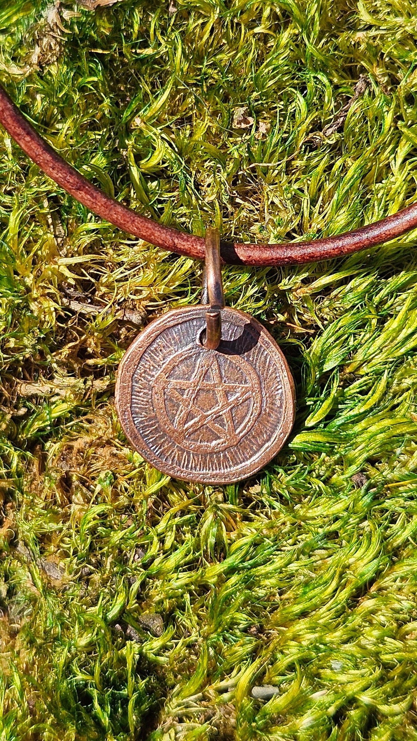 Pentacle Copper Etched Pendant Necklace/ Leather Cord/ Pagan Jewelry/ Rustic Copper Jewelry/ Elven Soul