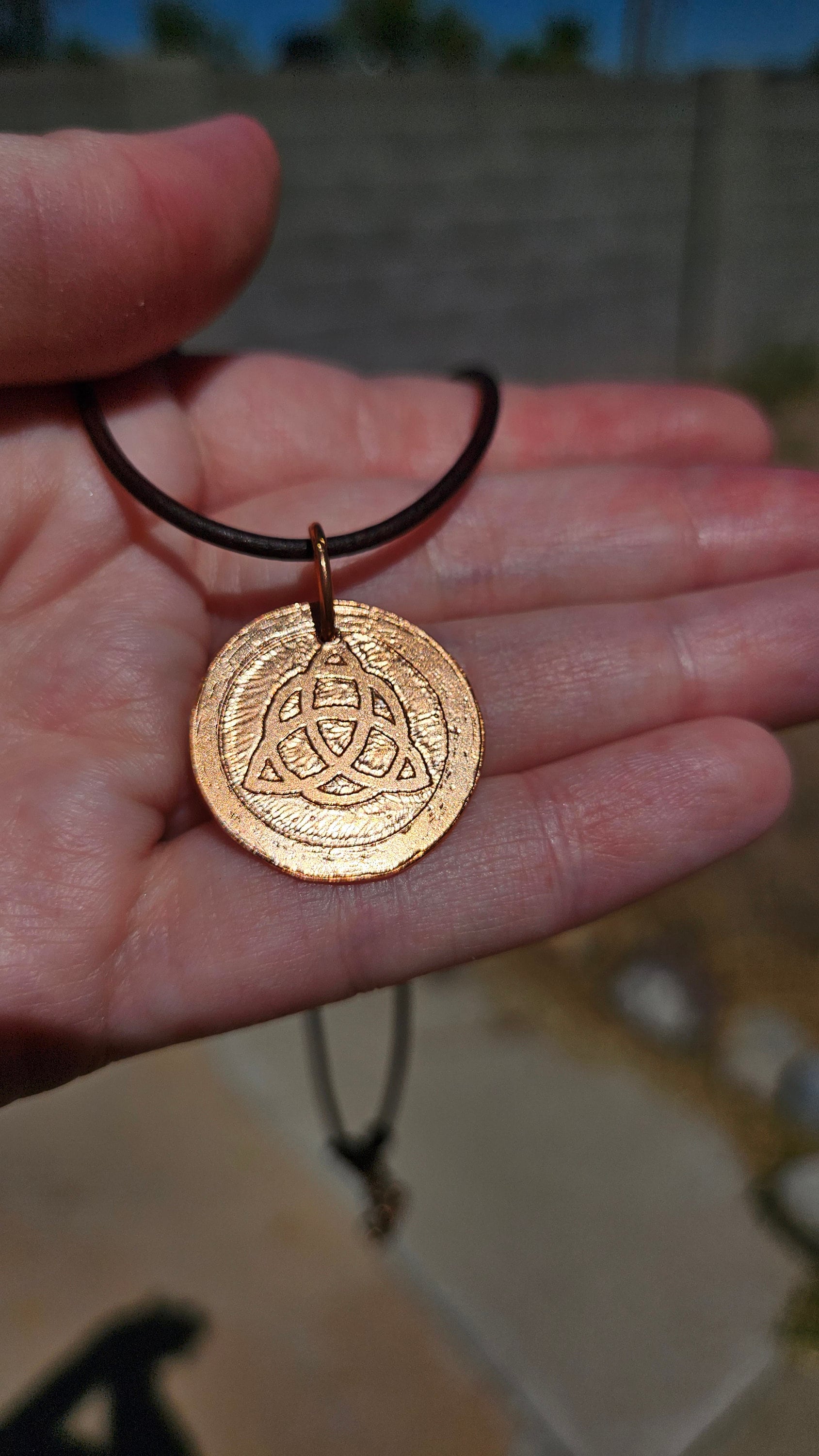 Triquetra Copper Etched Pendant/ Trinity Knot Necklace/ Leather Cord/ Celtic Jewelry/ Rustic Copper Jewelry/ Elven Soul