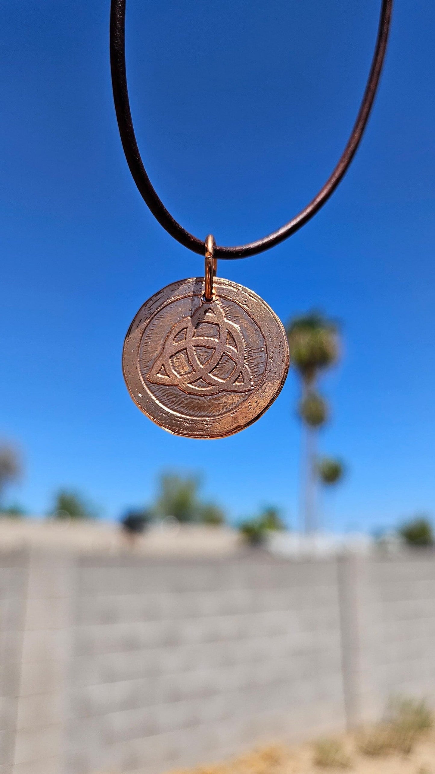 Triquetra Copper Etched Pendant/ Trinity Knot Necklace/ Leather Cord/ Celtic Jewelry/ Rustic Copper Jewelry/ Elven Soul