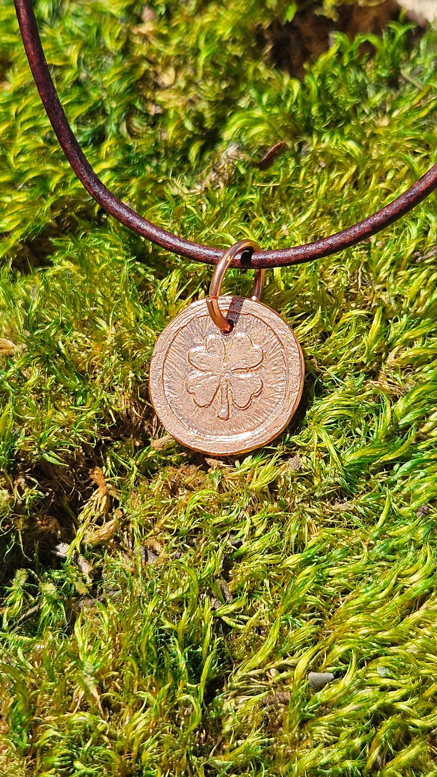 Four Leaf Clover Copper Etched Pendant Necklace/ Leather Cord/ Celtic Jewelry/ Rustic Copper Jewelry/ Elven Soul