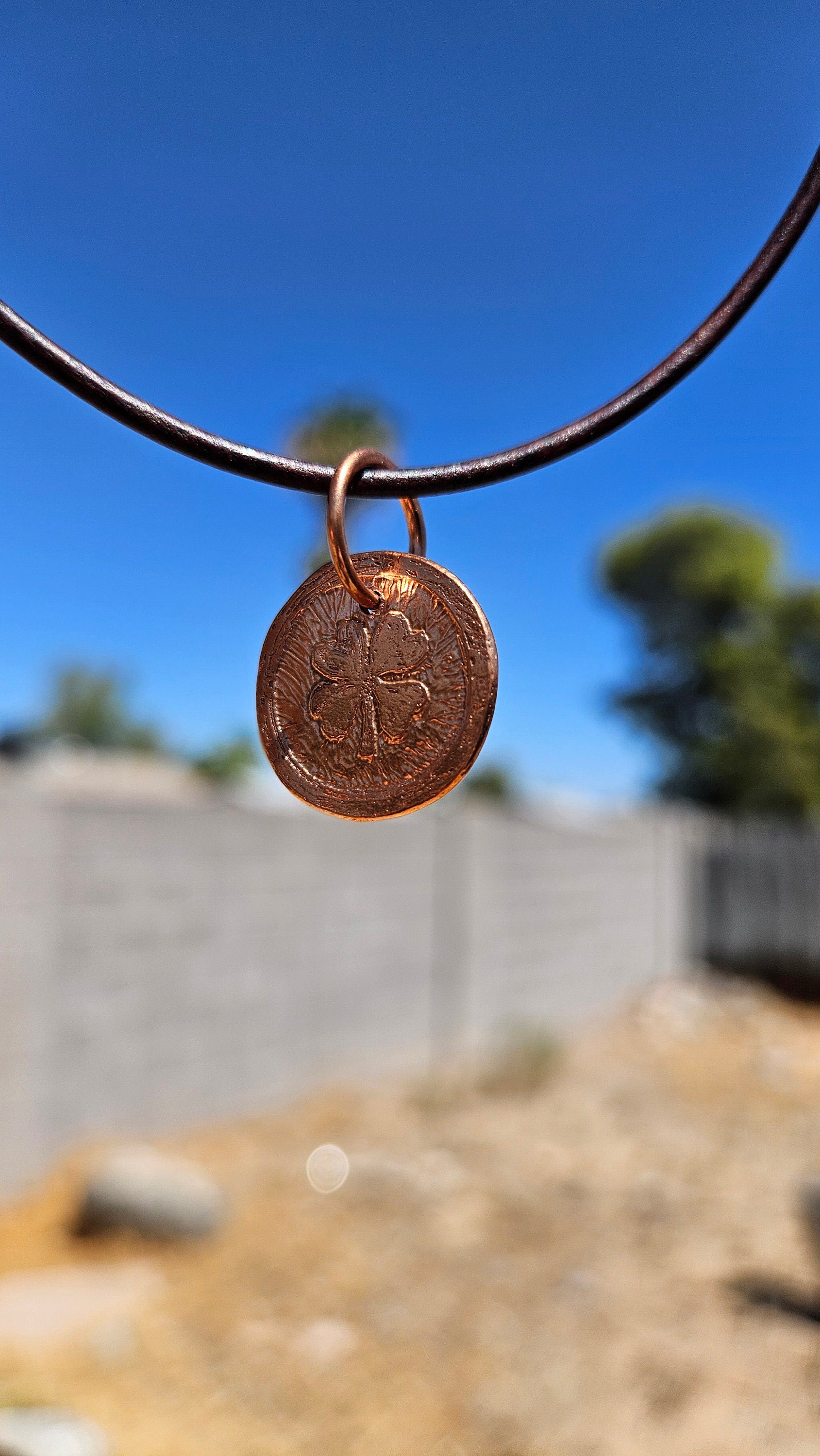 Four Leaf Clover Copper Etched Pendant Necklace/ Leather Cord/ Celtic Jewelry/ Rustic Copper Jewelry/ Elven Soul