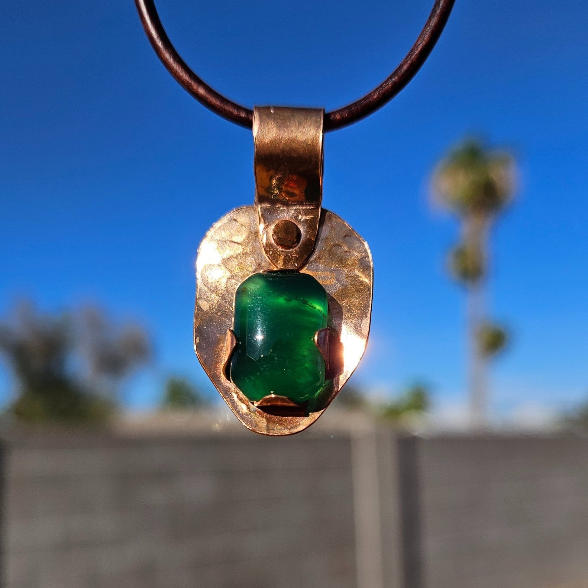 Green Agate Copper Shield Pendant Necklace/ Brown Leather Cord/ Crystal and Stone Jewelry/ Hammered Copper/Medieval Jewelry/ Elven Soul