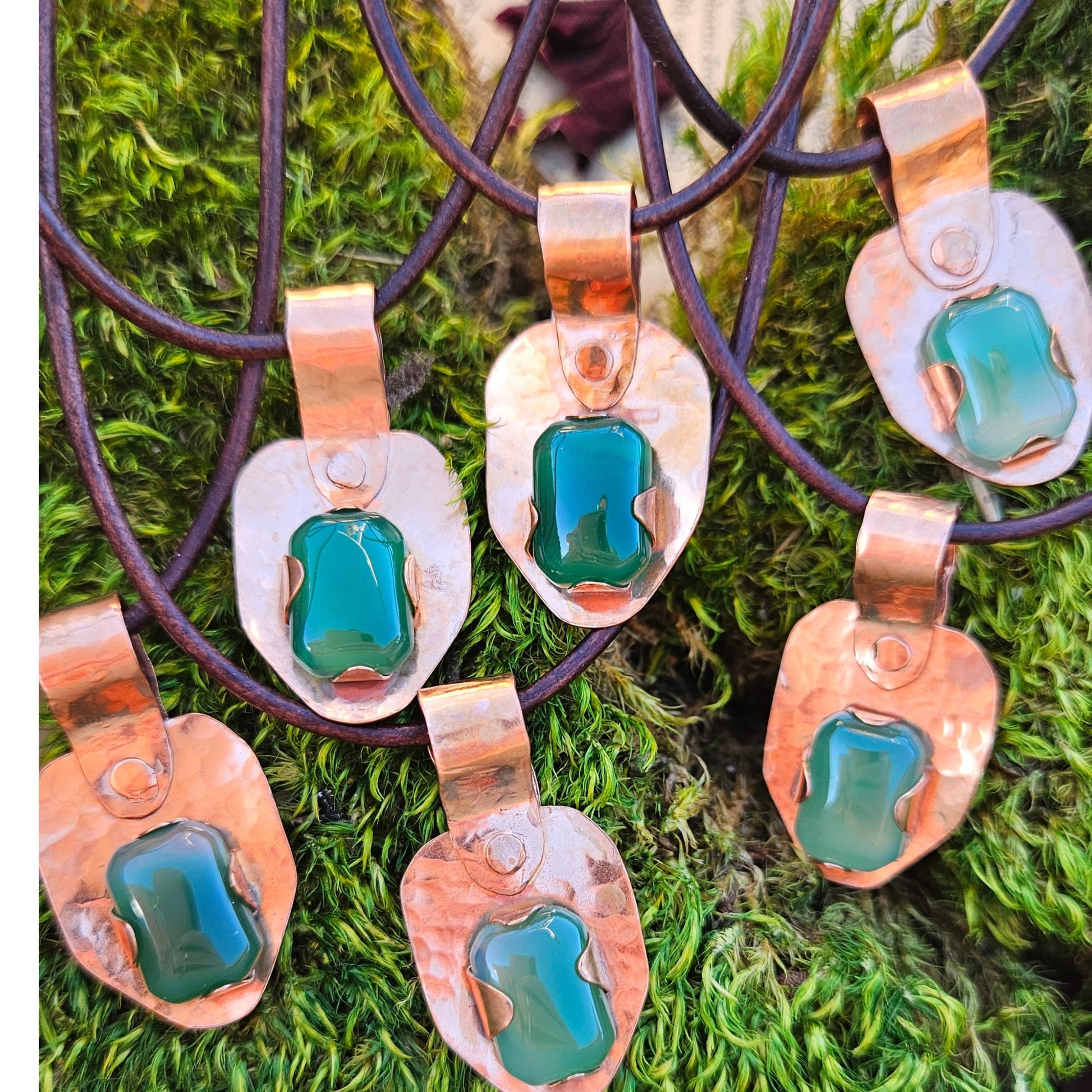 Green Agate Copper Shield Pendant Necklace/ Brown Leather Cord/ Crystal and Stone Jewelry/ Hammered Copper/Medieval Jewelry/ Elven Soul