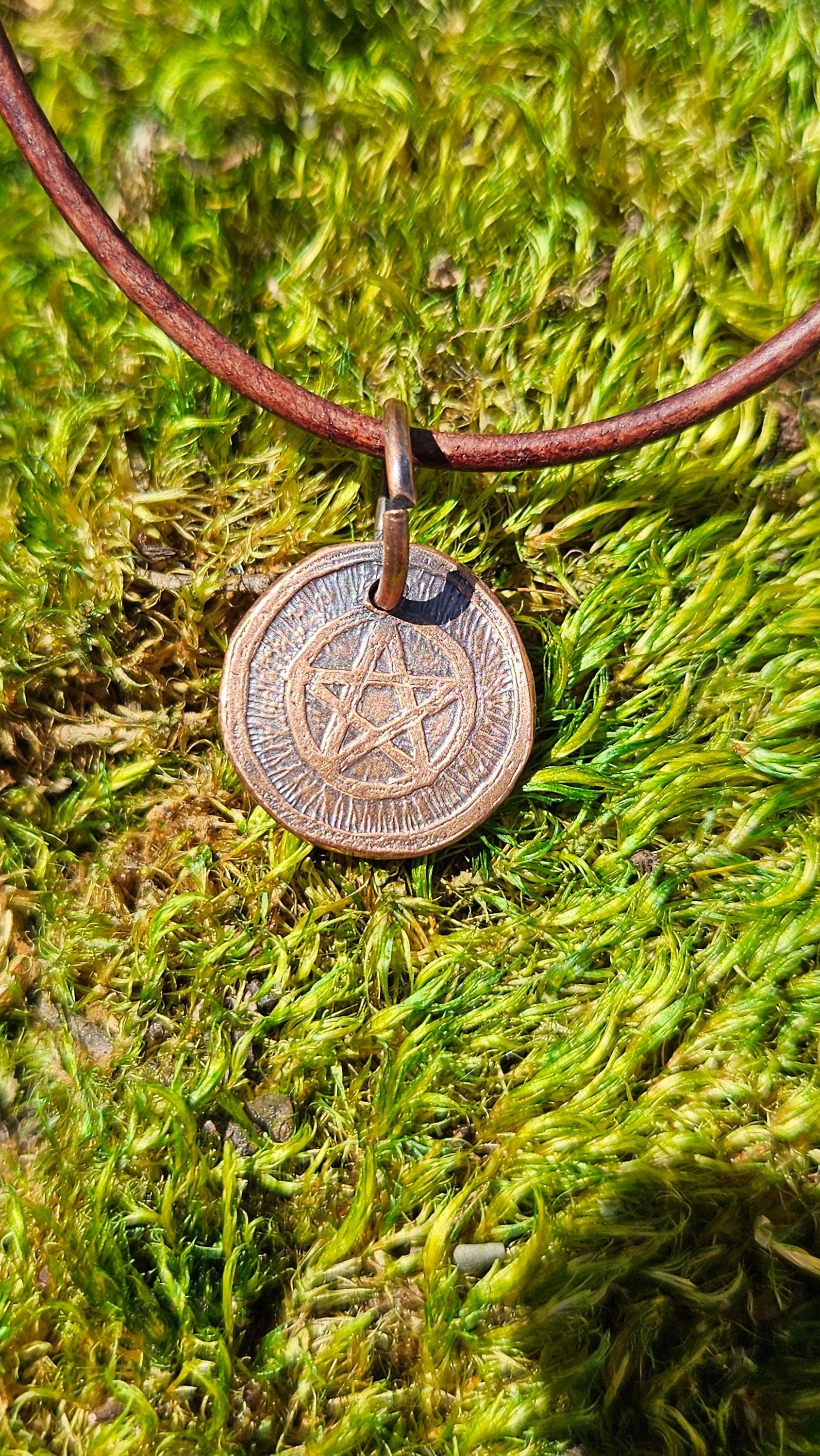 Pentacle Copper Etched Pendant Necklace/ Leather Cord/ Pagan Jewelry/ Rustic Copper Jewelry/ Elven Soul