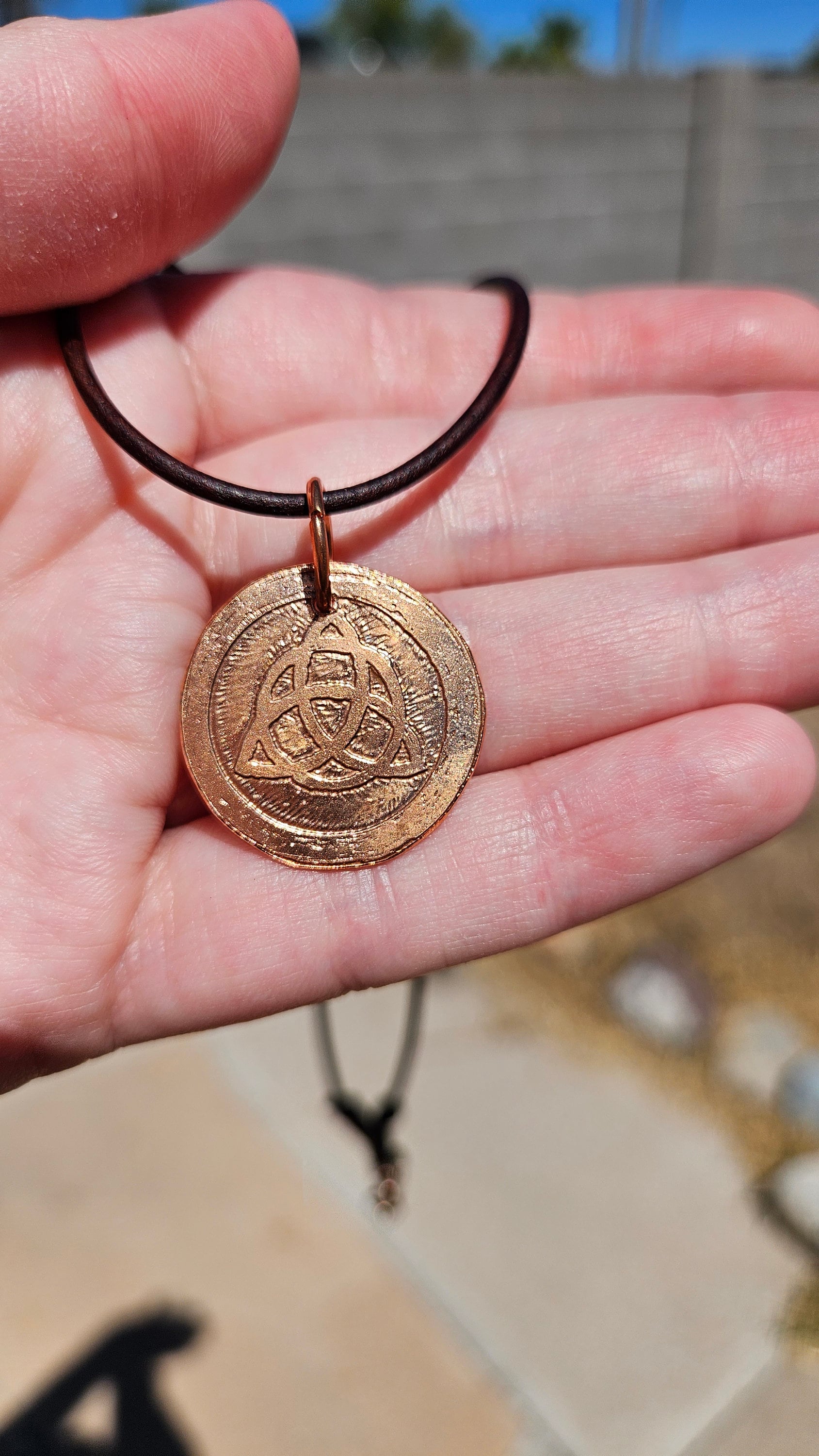 Triquetra Copper Etched Pendant/ Trinity Knot Necklace/ Leather Cord/ Celtic Jewelry/ Rustic Copper Jewelry/ Elven Soul