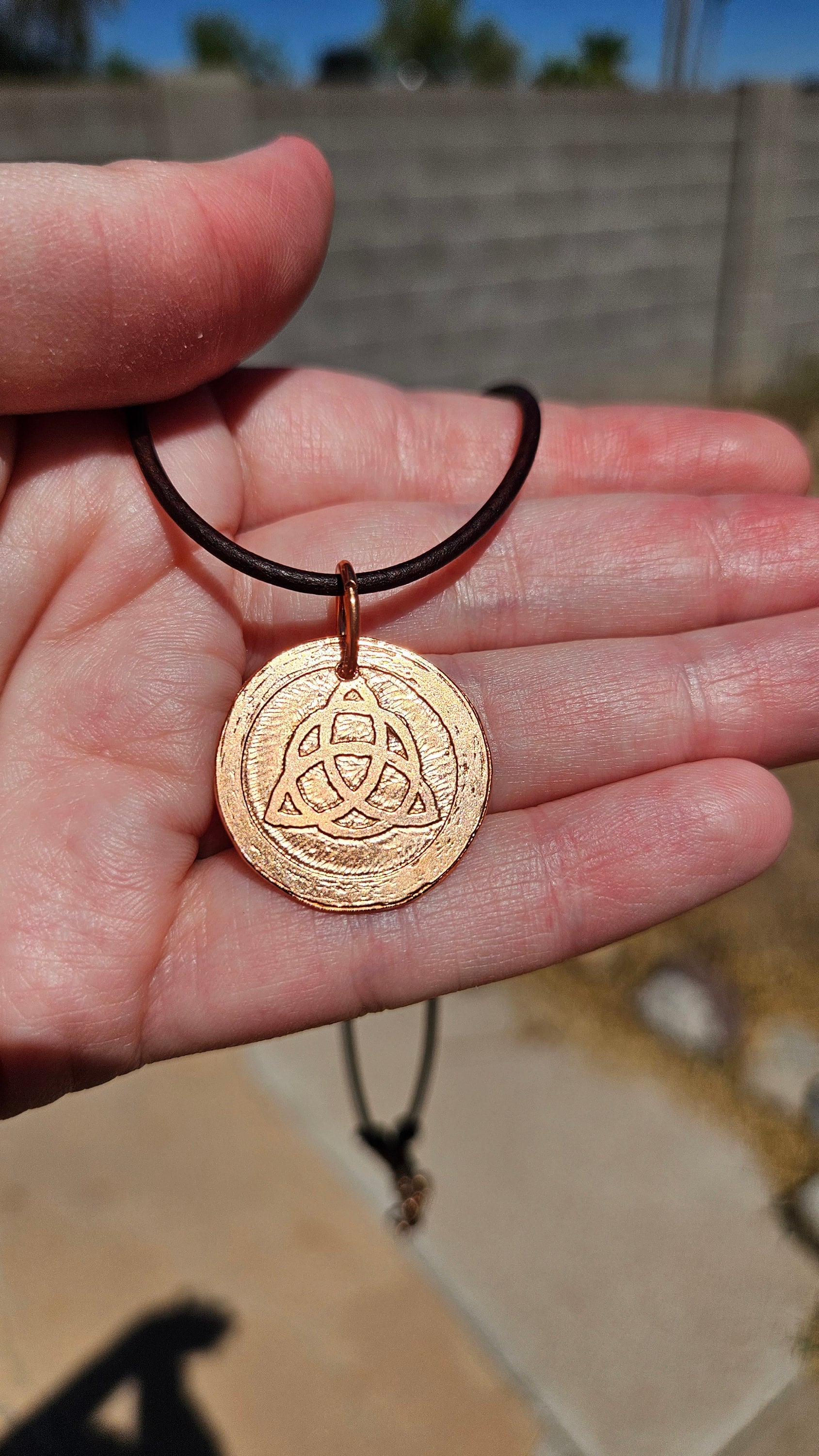 Triquetra Copper Etched Pendant/ Trinity Knot Necklace/ Leather Cord/ Celtic Jewelry/ Rustic Copper Jewelry/ Elven Soul